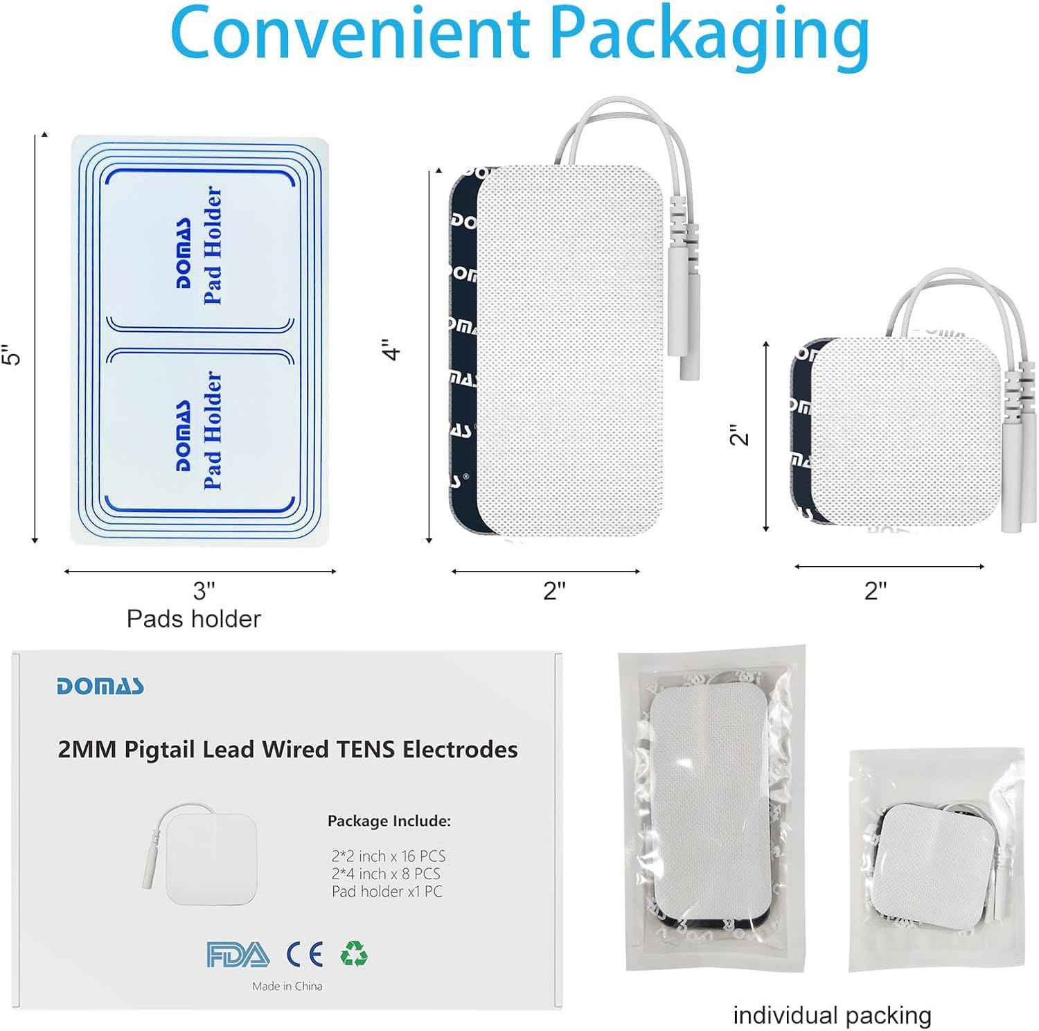 DOMAS 24 Pack 2x2&2x4 TENS Pads with Pad Holder, for TENS 7000, 30 Uses, Latex-Free, TENS Unit Electrode Replacement Pads Compatible with AUVON Etekcity & Other 2 mm Pin TENS Units