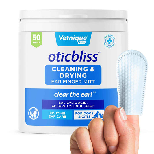 Vetnique Oticbliss Cat & Dog Ear Wipes - Dog Ear Infection Treatment or Dog Ear Cleaner Wipes for Dirty, Waxy, Smelly Dog Ears, Odor Control with Aloe Vera & Salicylic Acid (Finger Mitt Ear Wipes)