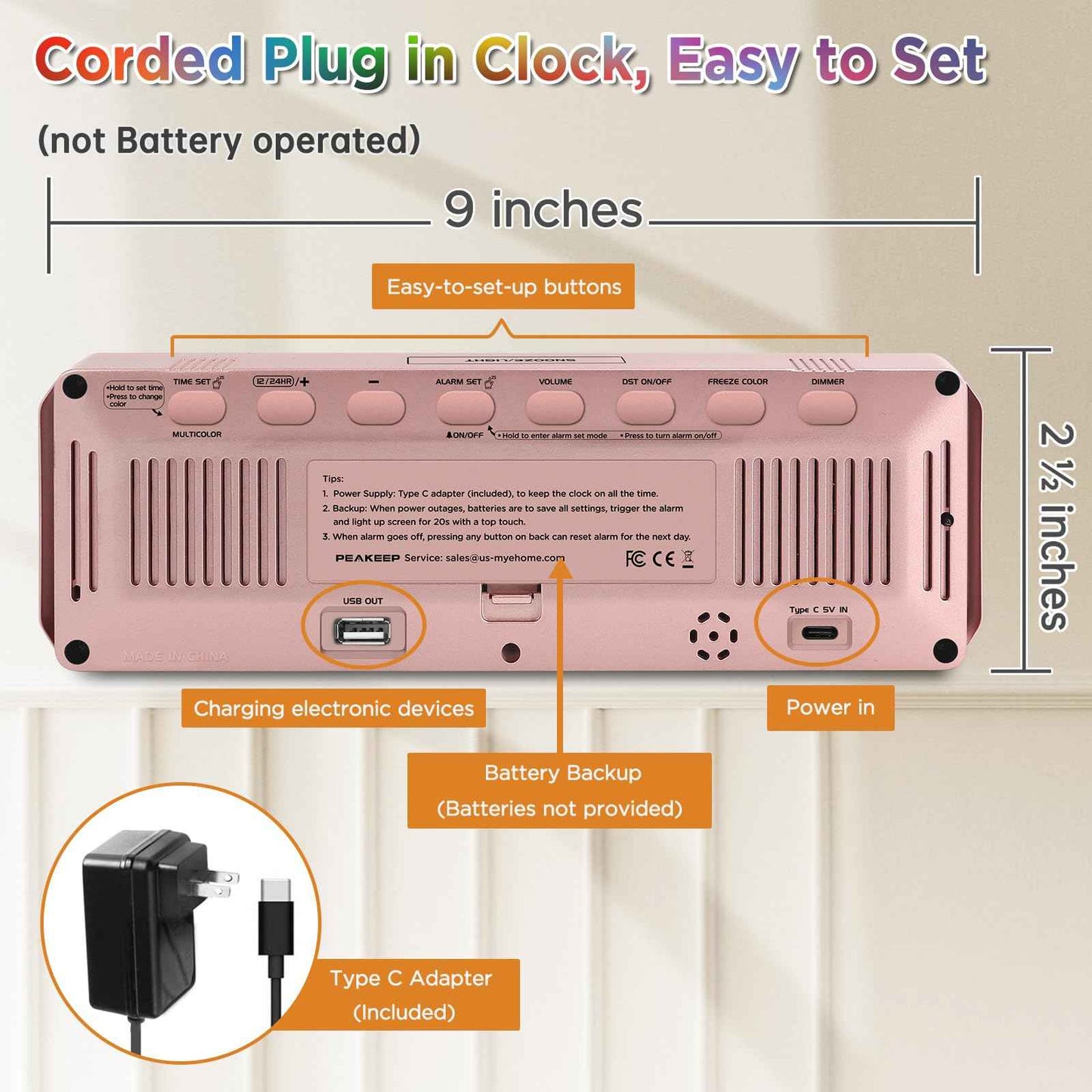 Peakeep Small Digital Alarm Clock Plug in for Bedrooms Bedside, Tiny Electric Clock Large Big Numbers Display with Battery Backup for Desk Table, 6 Dimmers, 5 Adjustable Alarm Volumes (Blue)