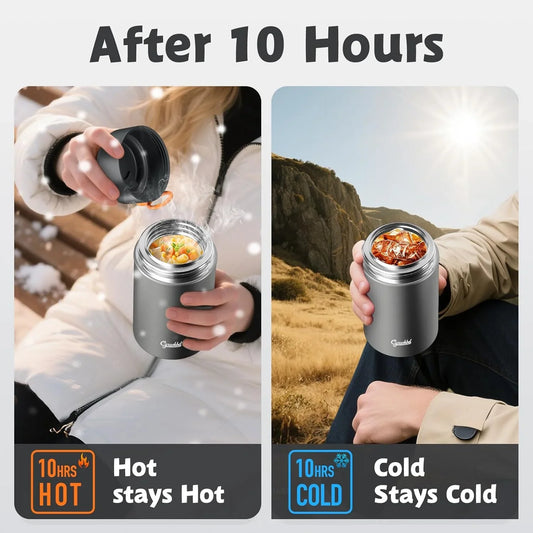 2-Pack Thermo for Hot Food (17oz & 27oz) - 10H Hot & Cold, Leakproof, Dishwasher Safe Insulated Food Container, Soup Thermo for Adults - with Spoons & Bags for Office, Travel(Grey) - Jlhbookstore.store