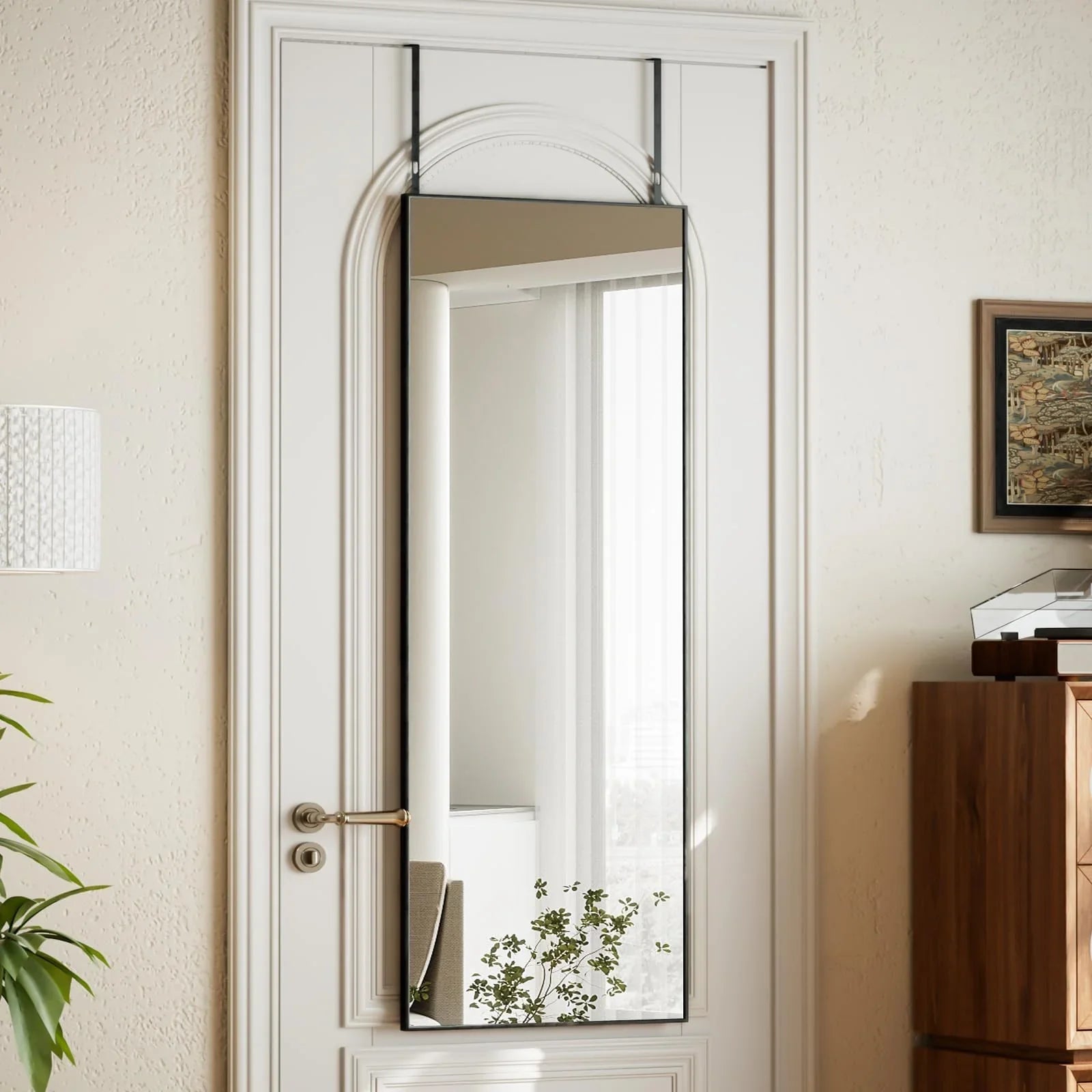 VooBang 14"x48" Full Length Over The Door Mirror - Aluminum Alloy Frame Full Body Mirror with Height-Adjustable Hangers, Hanging Leaning Against Wall for Dorm, Black - Jlhbookstore.store