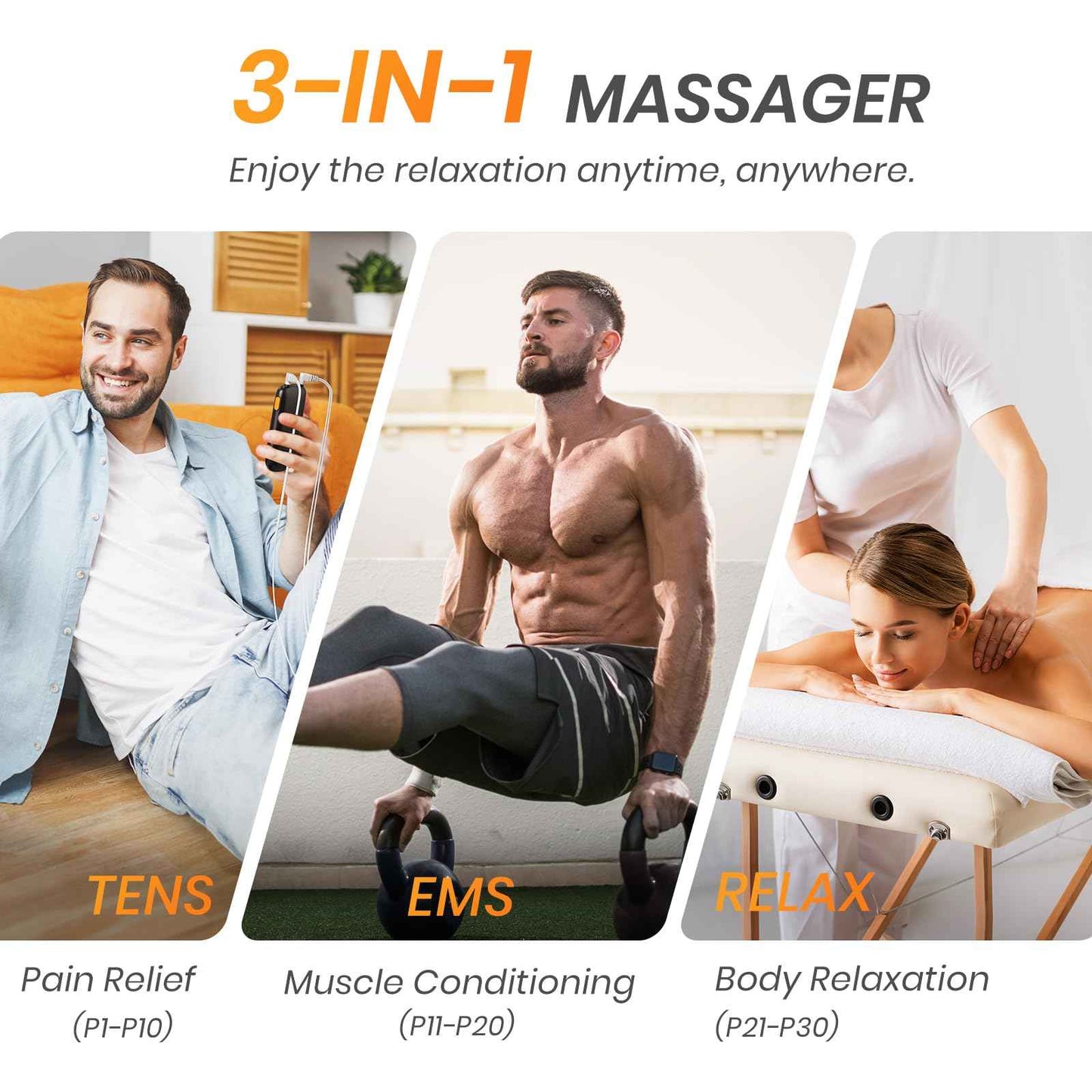 3-in-1 TENS Unit Muscle Stimulator with 30 Modes, 40 Intensities TENS Machine for Gradual Back Pain Relief Therapy, Rechargeable EMS Unit Massager with 12 TENS Electrode Pads, a Storage Bag