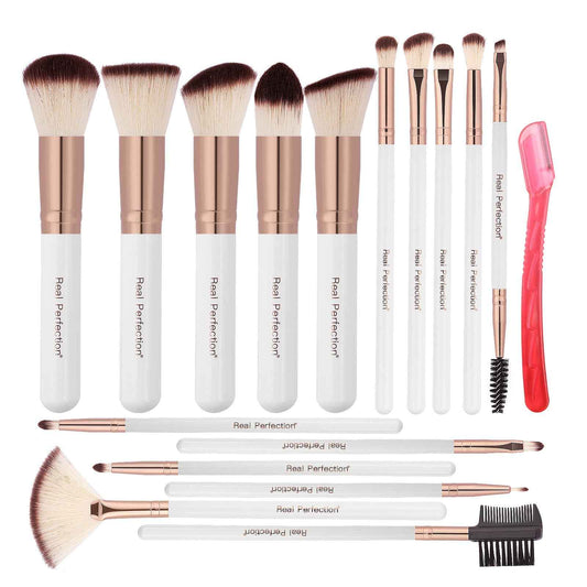 Real Perfection Makeup Brush Set 16 Pcs with 1 Eyebrow Razor Premium Synthetic Foundation Powder Concealers Eyeshadow Blush Makeup Brushes Make up Brushes Kit (Pink)