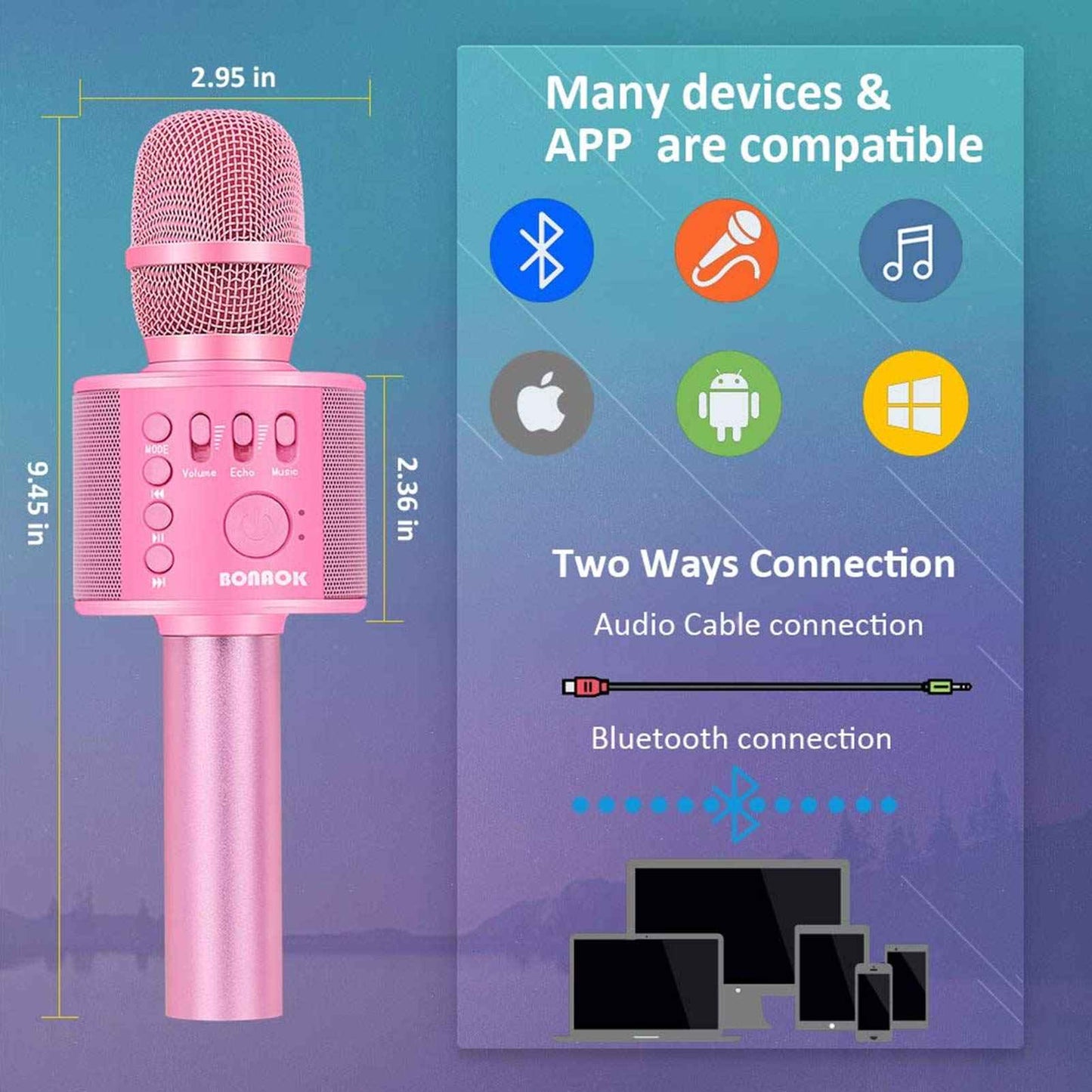 BONAOK Wireless Bluetooth Karaoke Microphone, Portable Toy Microphone for Singing, Gifts to Girls Boys Kids Adults All Age Q37（Bright Purple）
