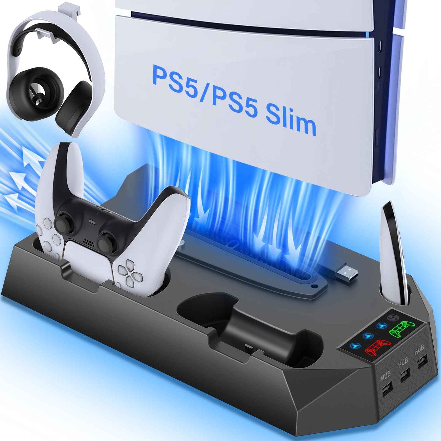 PS5/PS5 Slim/PS5 Pro Stand and Cooling Station with Dual Controller Charging Station for PlayStation 5 Console, PS5 Accessories Incl. Controller Charger, Cooling Fan, Headset Holder, 3 USB Hub, White