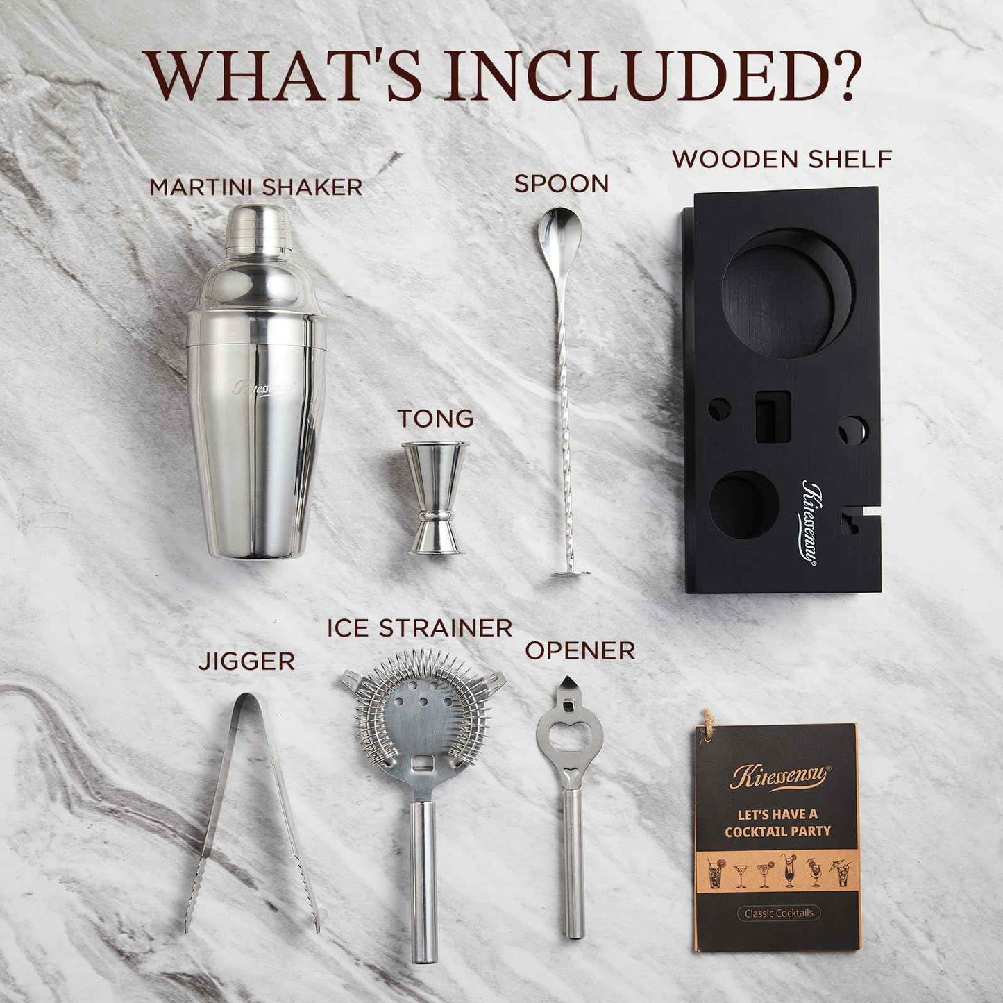 KITESSENSU Cocktail Shaker Set Bartender Kit with Stand | Bar Set Drink Mixer Set with All Essential Accessory Tools: Martini Shaker, Jigger, Strainer, Mixer Spoon, Muddler, Liquor Pourers |Silver