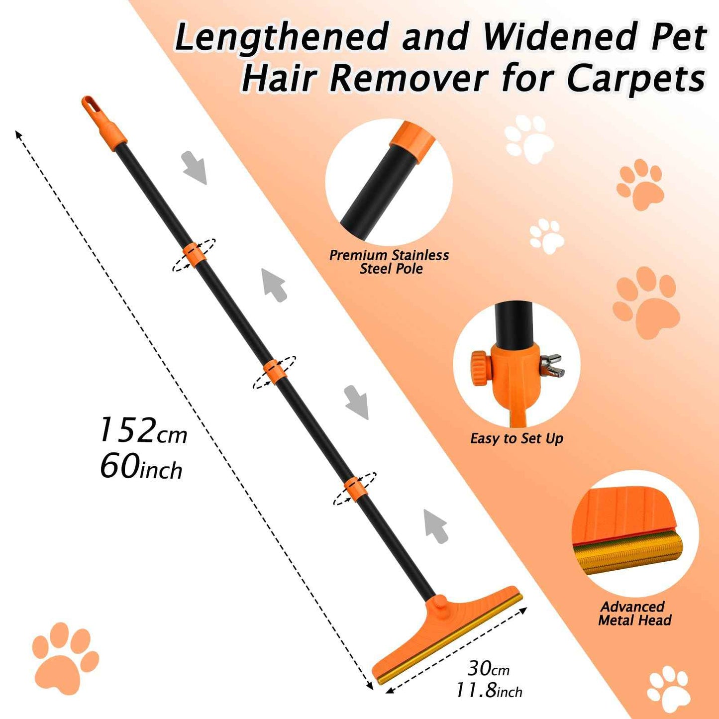 Carpet Rake for Pet Hair Removal - Reusable Pet Hair Remover, 60” Adjustable Long Handle Cat Dog Carpet Rake Scraper with Patented Design, Dog Hair Rake Brush for Rugs, Mats