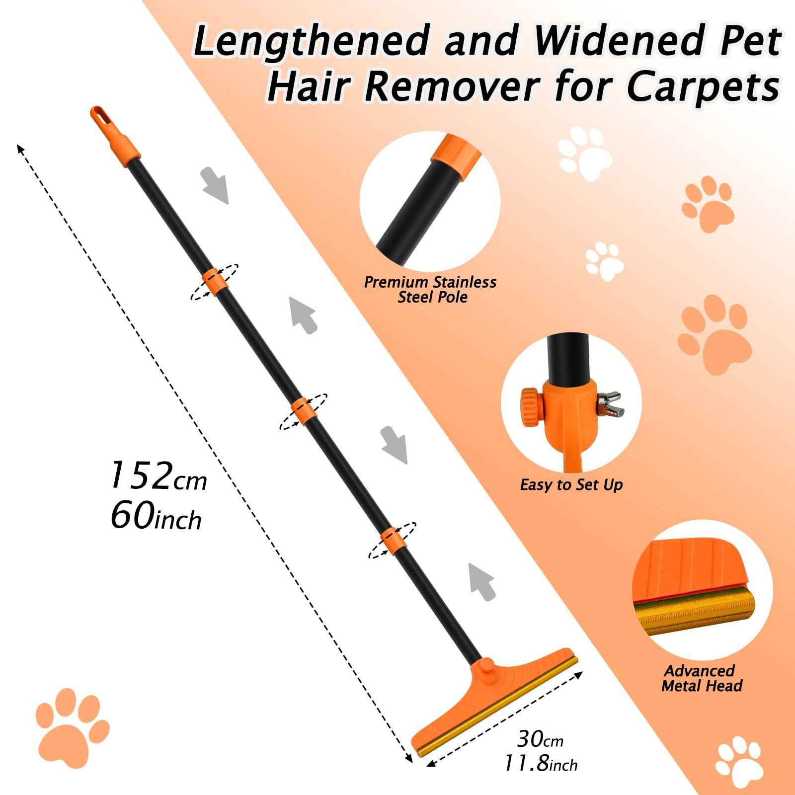 Carpet Rake for Pet Hair Removal - Reusable Pet Hair Remover, 60” Adjustable Long Handle Cat Dog Carpet Rake Scraper with Patented Design, Dog Hair Rake Brush for Rugs, Mats