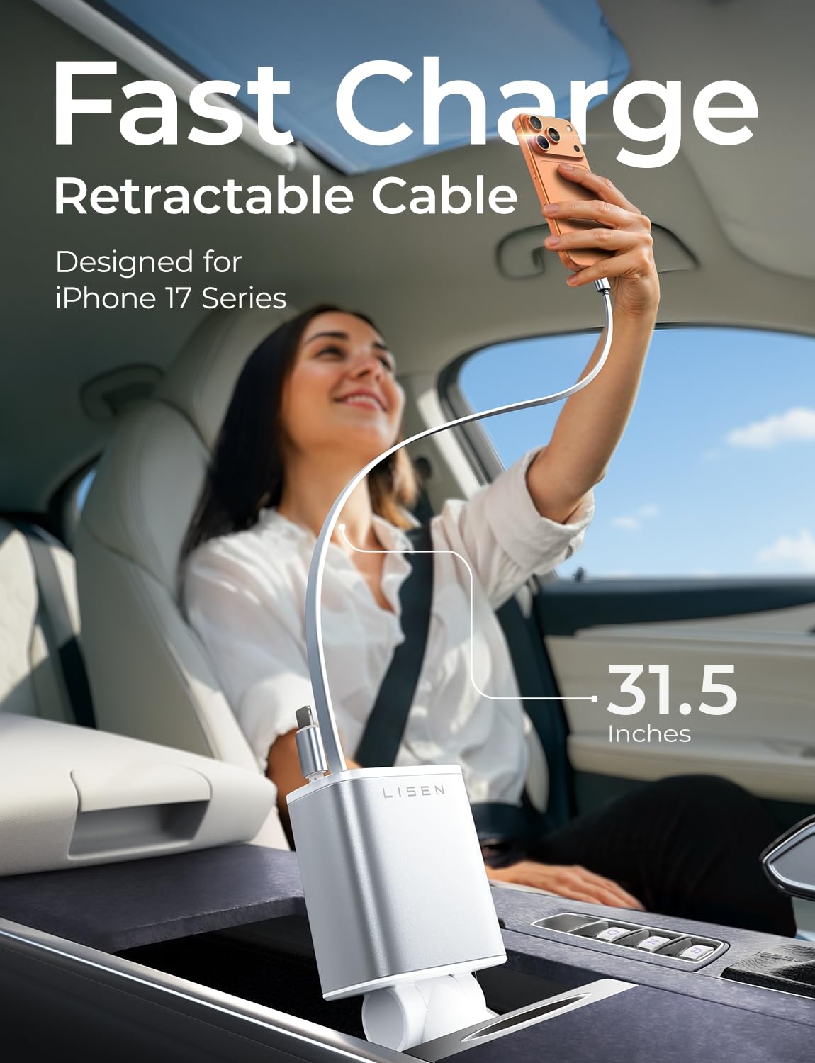 LISEN Retractable Car Charger, Gifts for Men Women, 69W Cars Adapter USB C Fast Charger for iPhoen 17, Car Accessories for Men Women, Gifts for Dad Mom, for iPhone 17 Pro Max Air 16 15 14 13 12 Plus