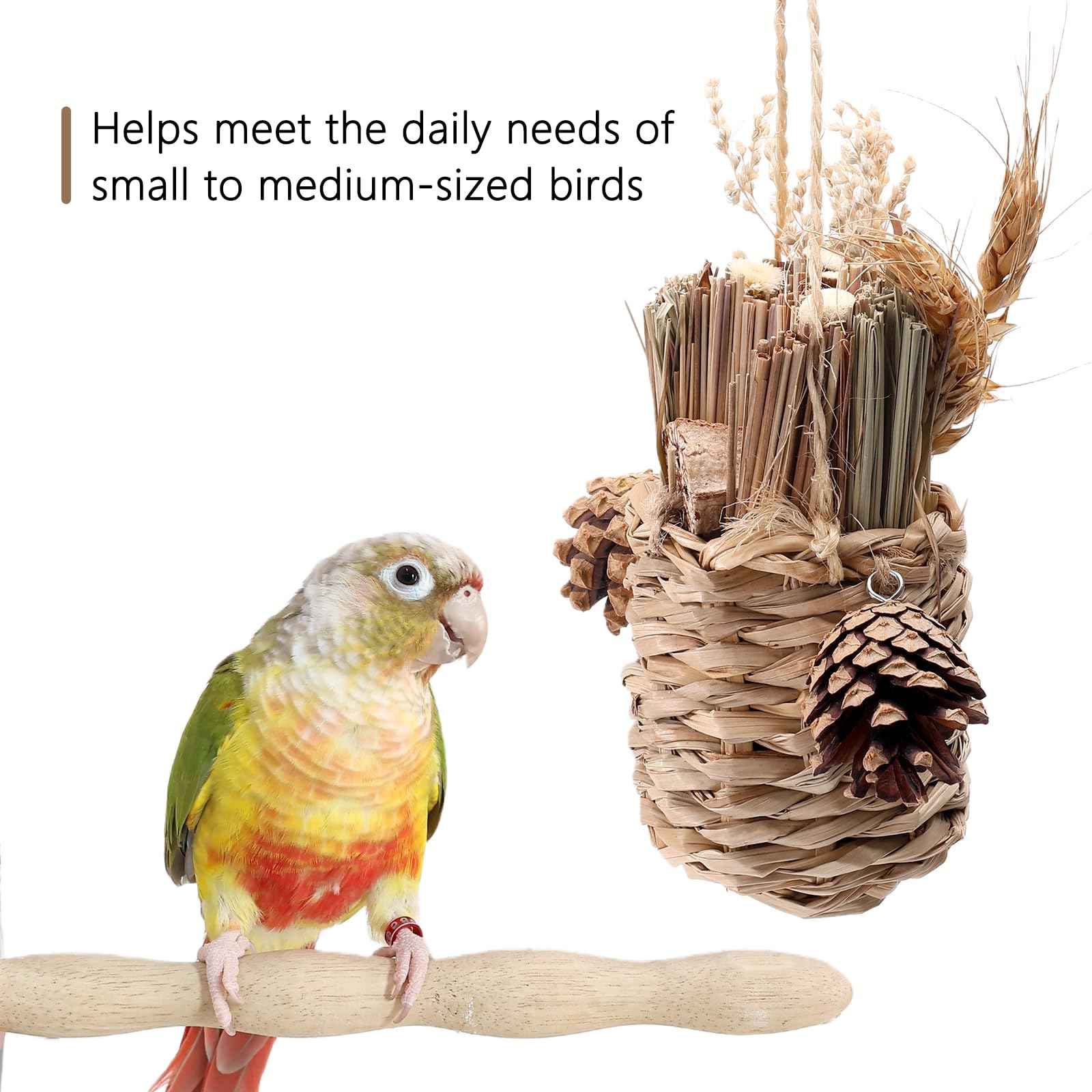 Natural Bird Chew Toys Shreddable Toys Made of Seagrass, Timothy Grass & Corn Leaves with Wood Hook for Cockatiels, Parakeets, Small Medium Birds (Pinecone Woven Basket)