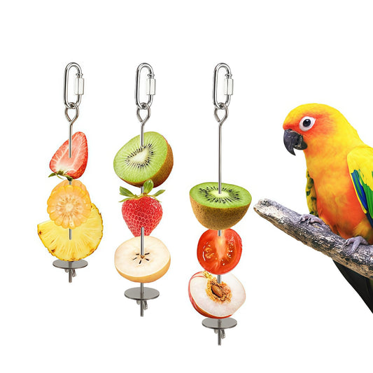 3 Pcs Bird Cage Food Holder Stainless Steel Parrot Fruit & Vegetable Skewer Hanging Foraging Toy for Parakeets, Budgies, Macaws