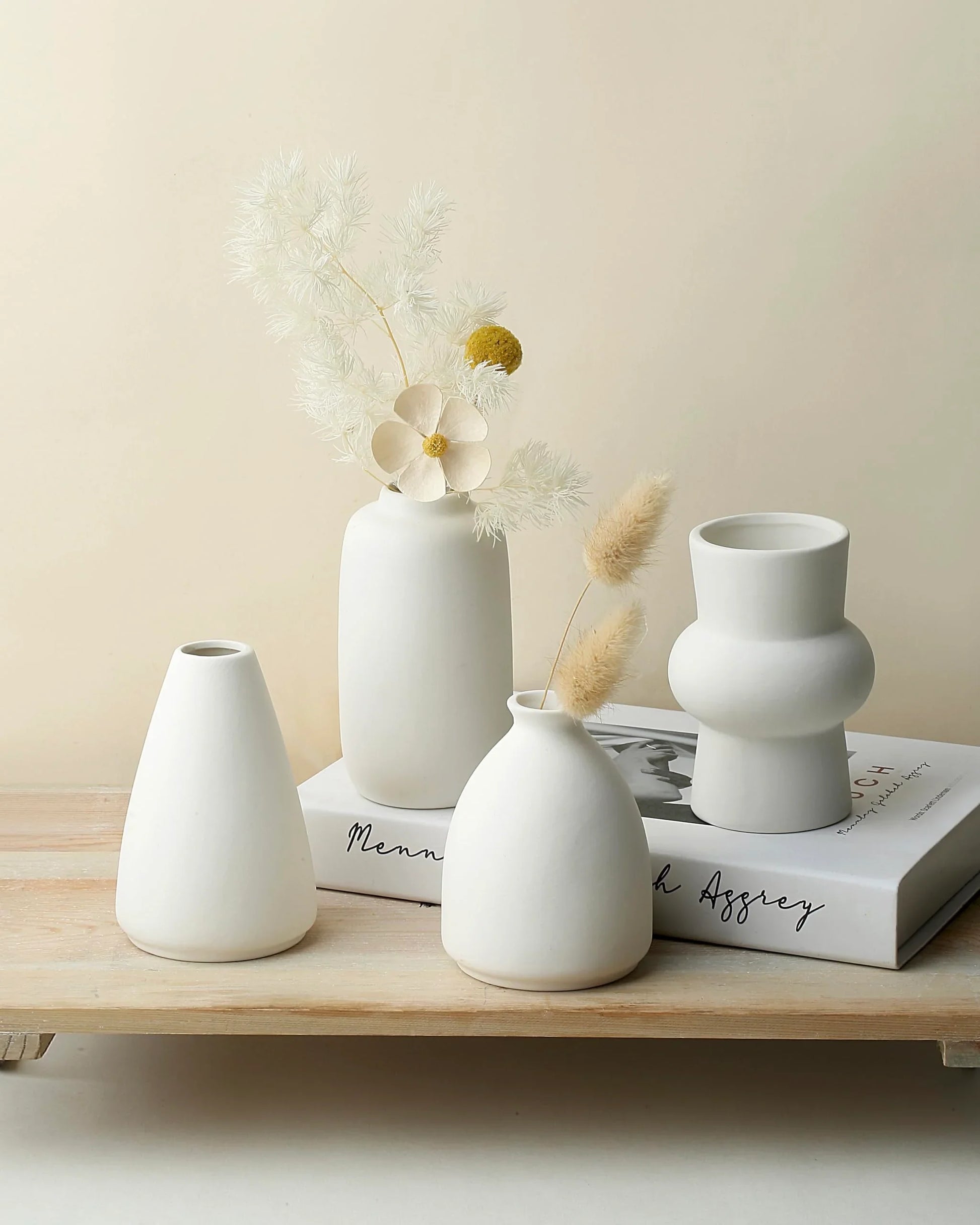 Set of 8 White Ceramic Vases for Dried Pampas Grass Flowers, Aesthetic Boho Modern Decor for Farmhouse Living Room Coffee Table Shelf Fireplace Centerpiece Bedroom Office Desk Home DIY Gifts - Jlhbookstore.store