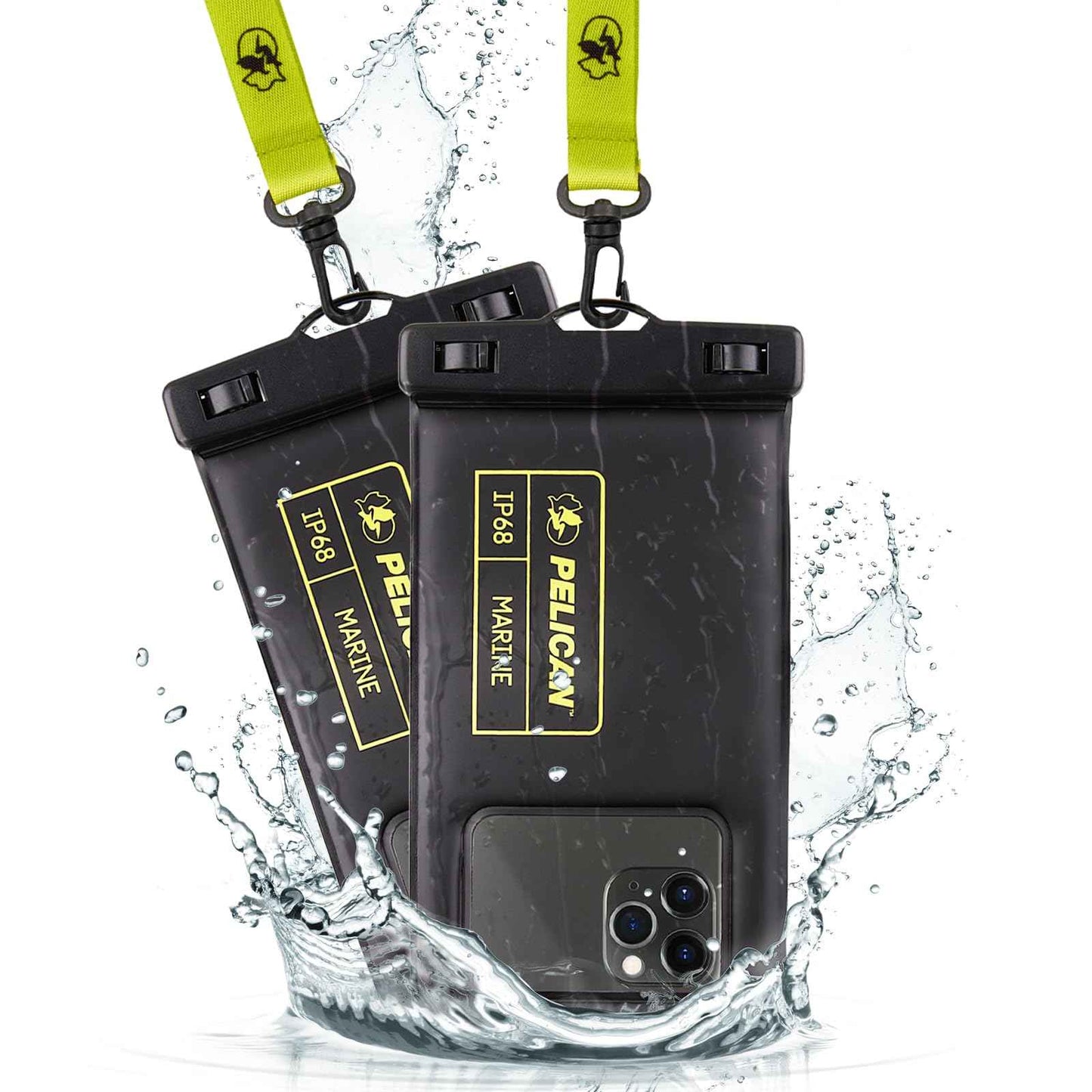 Pelican 2 Pack Marine - IP68 Waterproof Phone Pouch (Regular Size) Floating Waterproof Phone Case - Beach Cruise Ship Travel Essentials - Works w/All Phones - Detachable Lanyard - Black/Hi-Vis Yellow