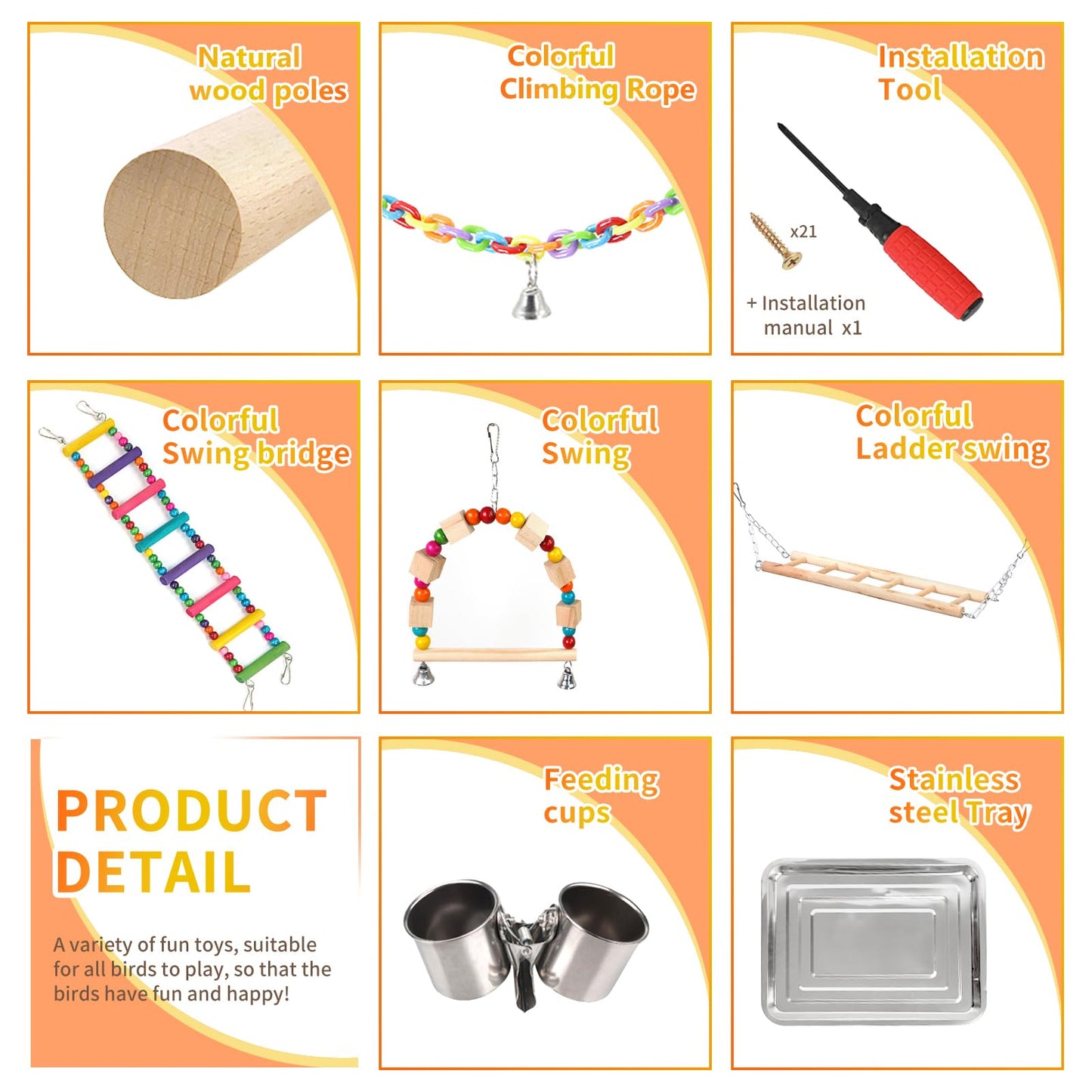 Bird Playground, Parrots Playstand for Small to Medium Birds, Perch Stand with 3 Ladders Playgym with Rope Perch, Swings Feeder Cups Bird Cage Accessories for Conure Cockatiel Lovebirds