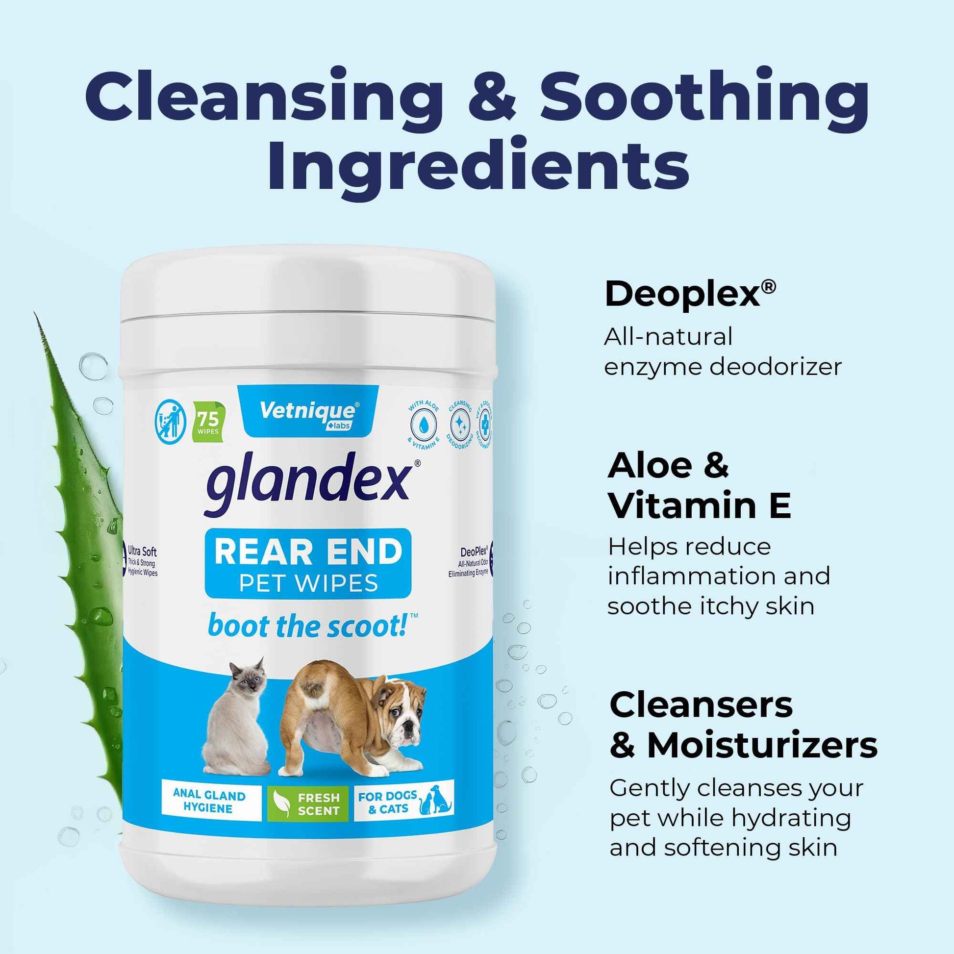 Vetnique Glandex Dog Wipes for Pets Cleansing & Deodorizing Anal Gland Hygienic Dog & Cat Wipes with Vitamin E, Skin Conditioners and Aloe (75ct)