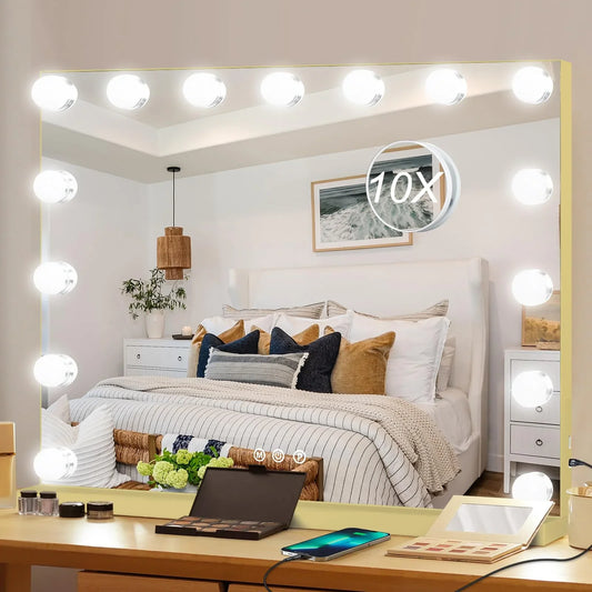 Moonee Vanity Mirror with Lights, Hollywood Lighted Makeup Mirror with 15 Dimmable Bulbs and 10X Magnification, 3 Colors Modes, Aluminum Metal Frame, Light Up Mirror for Tabletop or Wall（23" x 18"） - Jlhbookstore.store