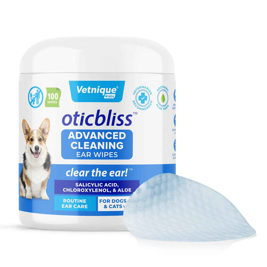 Vetnique Oticbliss Cat & Dog Ear Wipes - Dog Ear Infection Treatment or Dog Ear Cleaner Wipes for Dirty, Waxy, Smelly Dog Ears, Odor Control with Aloe Vera & Salicylic Acid (Finger Mitt Ear Wipes)