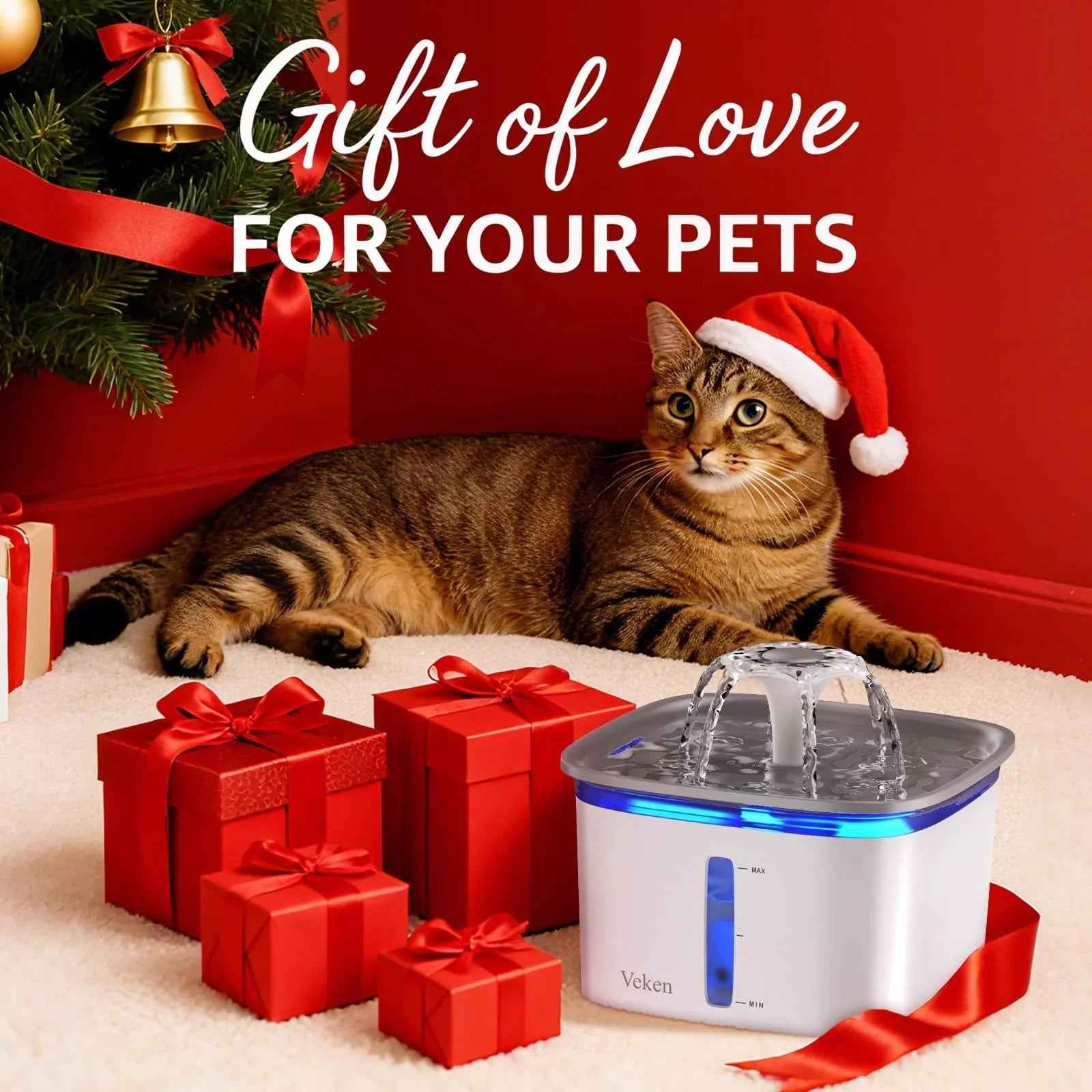 Veken Innovation Award Winner 95oz/2.8L Pet Fountain, Automatic Cat Water Fountain Dog Water Dispenser with Replacement Filters, Gifts for Christmas, Cats, Dogs, Multiple Pets (Grey, Plastic)
