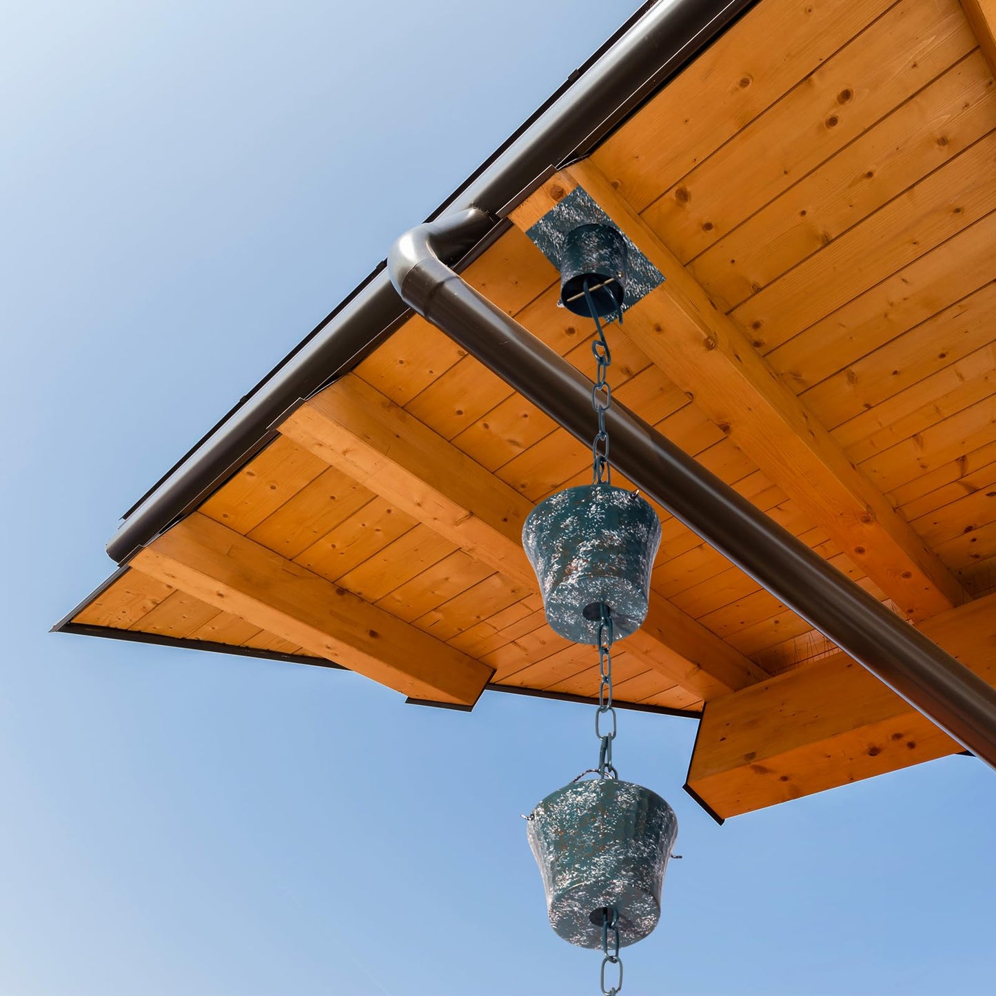 Rain Chain Bird Cage Set 8.5Ft, Not Rust Wrought Iron Rain Chains for Gutters with Adapter Gotta Drain and Sturdy Anchoring Stake,13 Cups, 1 Hook, Adjustable Length for Garden Decorative (Coffee)