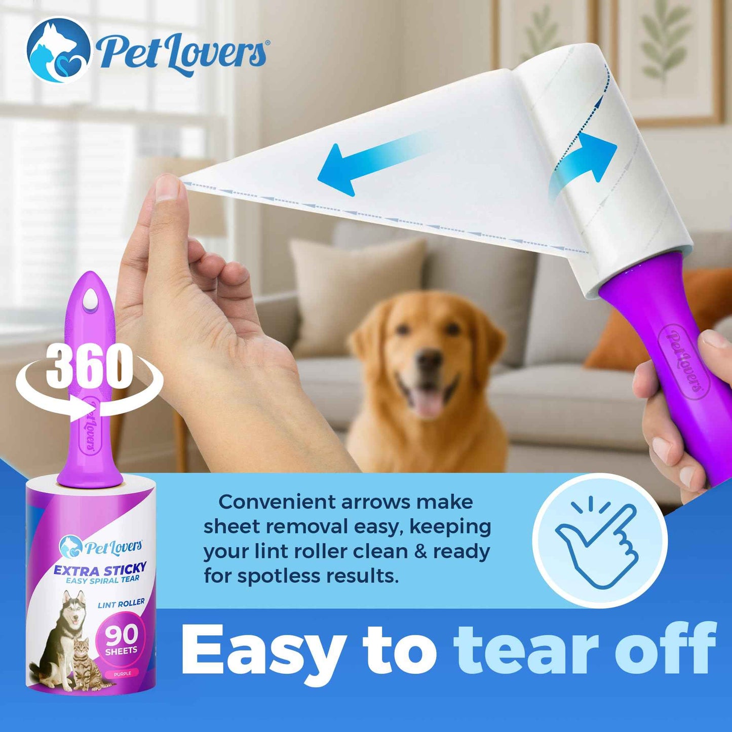 PetLovers Extra Sticky Lint Roller Mega Value Set 450 Sheets for Pet Hair Removal and Clothes, Dog and Cat Lint Remover 5 Pack