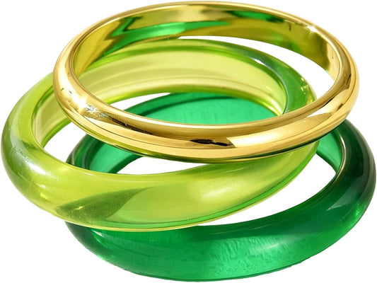 Stackable Bangle Set for Women - 3 Pcs Resin & Gold Plated Metal Chunky Bracelets, Boho Statement Fashion Jewelry, Multiple Color Options for Daily Wear, Party & Gift