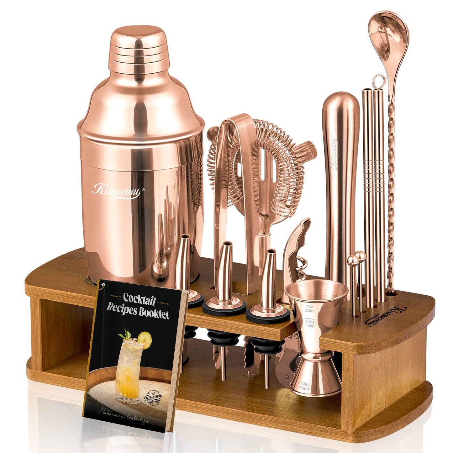 KITESSENSU Cocktail Shaker Set Bartender Kit with Stand | Bar Set Drink Mixer Set with All Essential Accessory Tools: Martini Shaker, Jigger, Strainer, Mixer Spoon, Muddler, Liquor Pourers |Silver