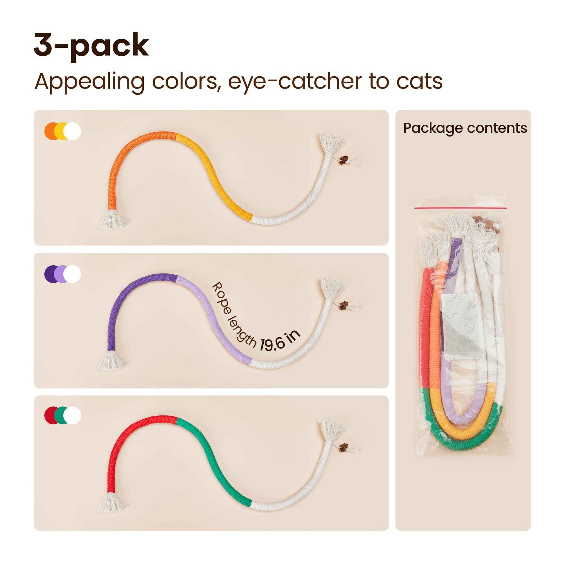 Potaroma Cat Toys Chew Ropes 3Pcs with Refillable Natural Catnip, Safe Teeth Cleaning Toy for Indoor Kittens, Interactive Cat Nip Kitty Toys for All Breeds 19.5 Inches