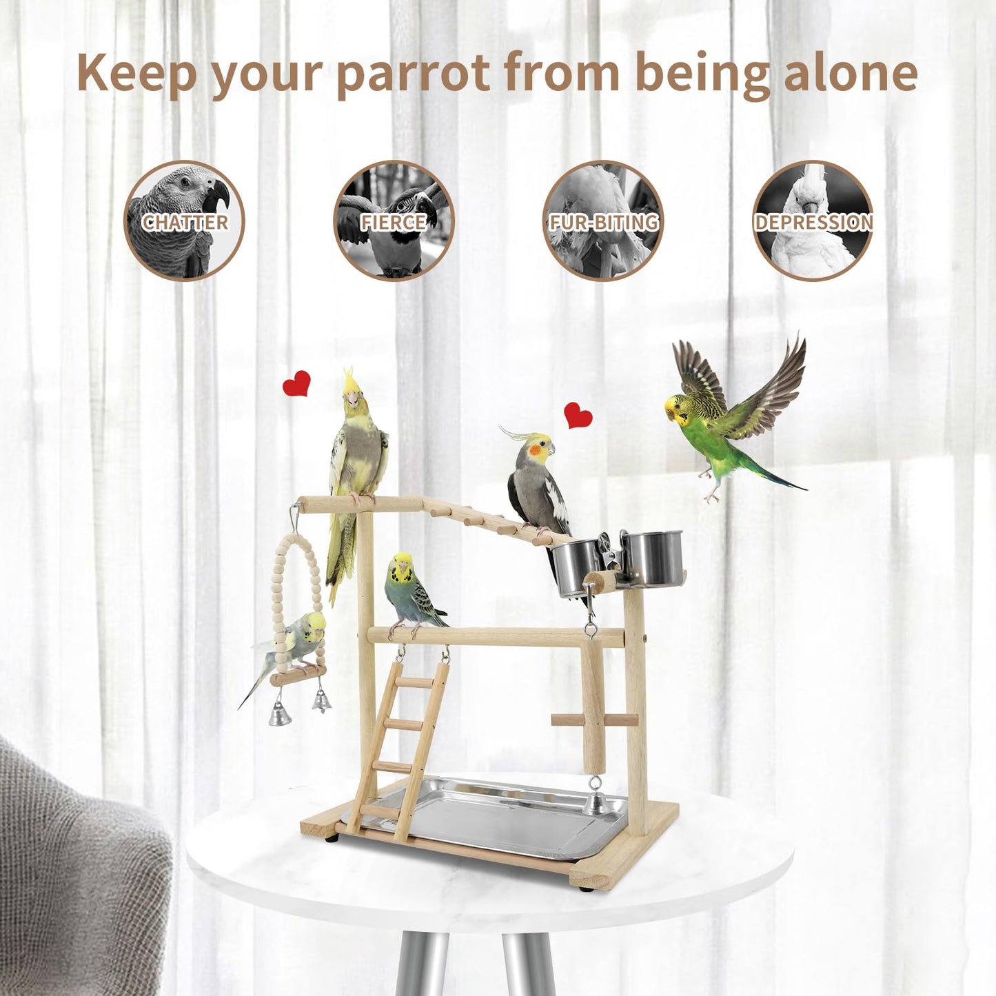 Bird Playground, Parrots Playstand for Small to Medium Birds, Perch Stand with 3 Ladders Playgym with Rope Perch, Swings Feeder Cups Bird Cage Accessories for Conure Cockatiel Lovebirds