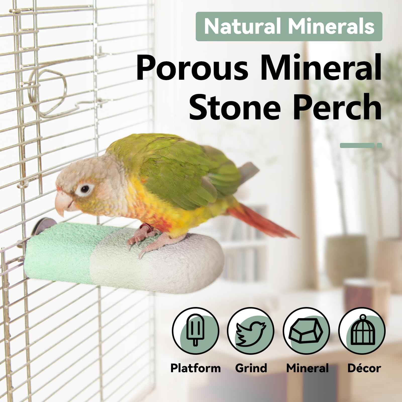 Natural Mineral Bird Perch for Cage Parrot Perch Platform for Beak Grinding Claw Trimming & Chewing Chew Toy for Parakeets Cockatiels Conures Birds Cage Accessories (Gradient Green, 4.7")