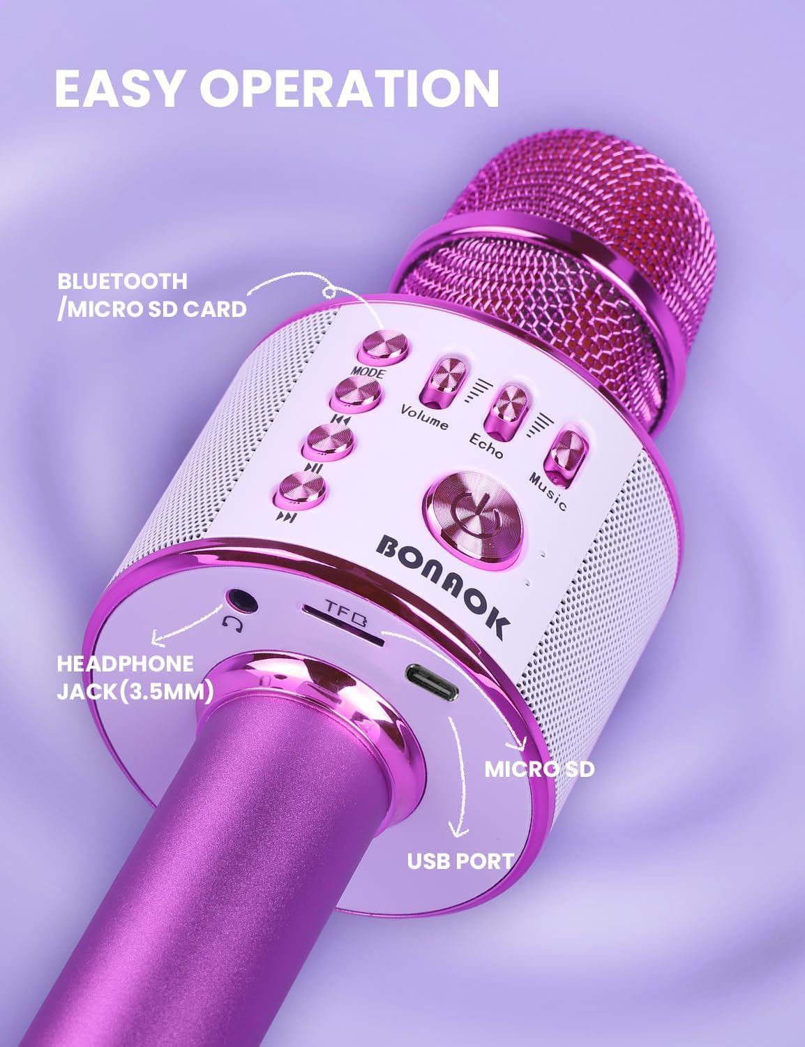 BONAOK Wireless Bluetooth Karaoke Microphone, Portable Toy Microphone for Singing, Gifts to Girls Boys Kids Adults All Age Q37（Bright Purple） jlhbookstore.store
