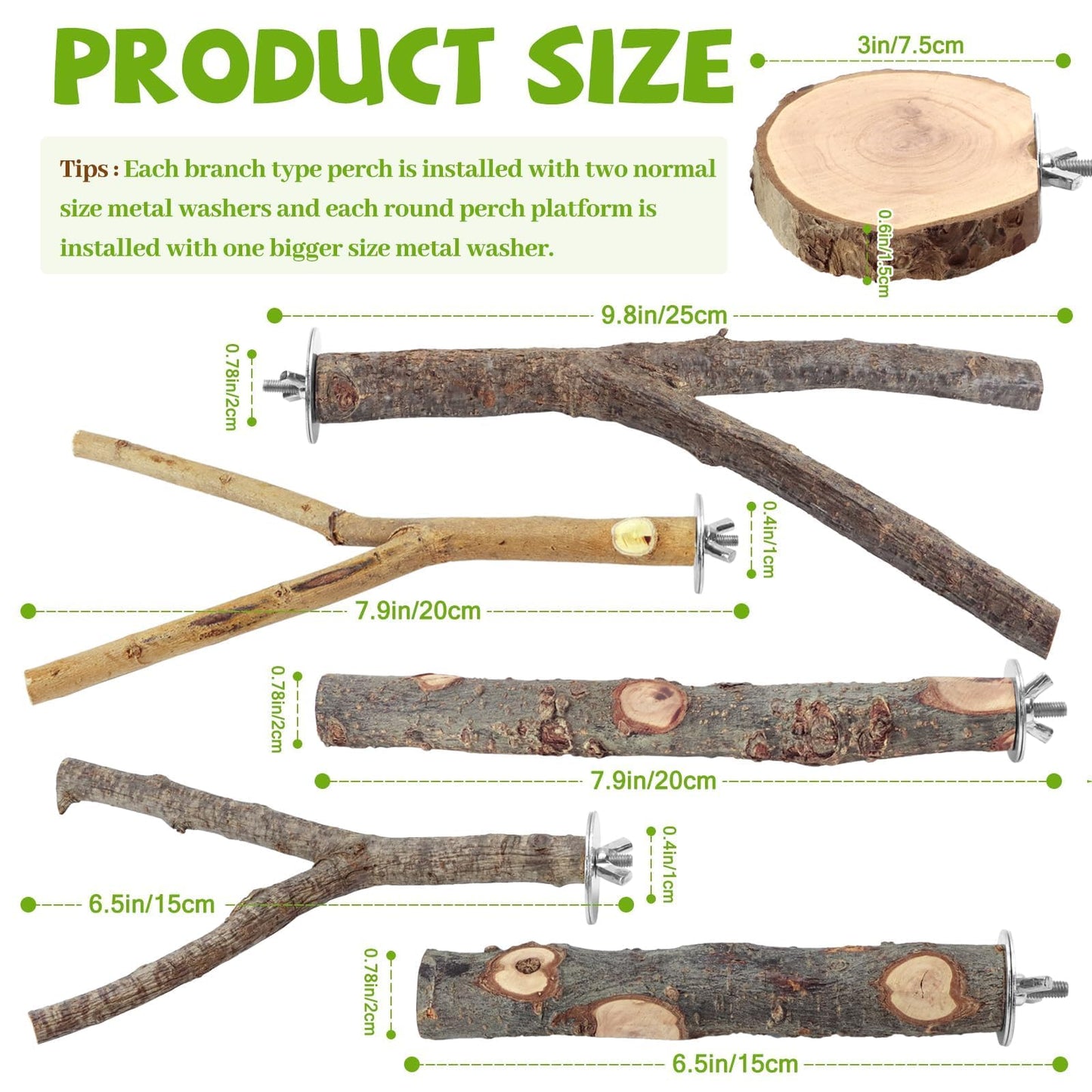 Natural Wood Bird Perches for Cage, Parrot Perch Stand & Platform, Bird Cage Accessories for Parakeets, Cockatiels, Conures, Lovebirds (Brown, Core Perch & Platform - 8PCS)