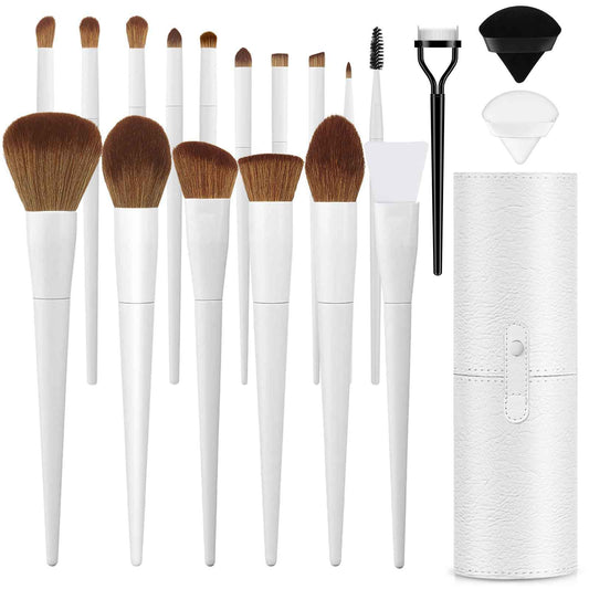 Makeup Brushes With Case 20PCs Professional Makeup Brush Set, Foundation Powder Eyeshadow Brush Set Eyebrow Concealer Contour Travel Brushes Kit with Holder & 2 Powder Puff-White
