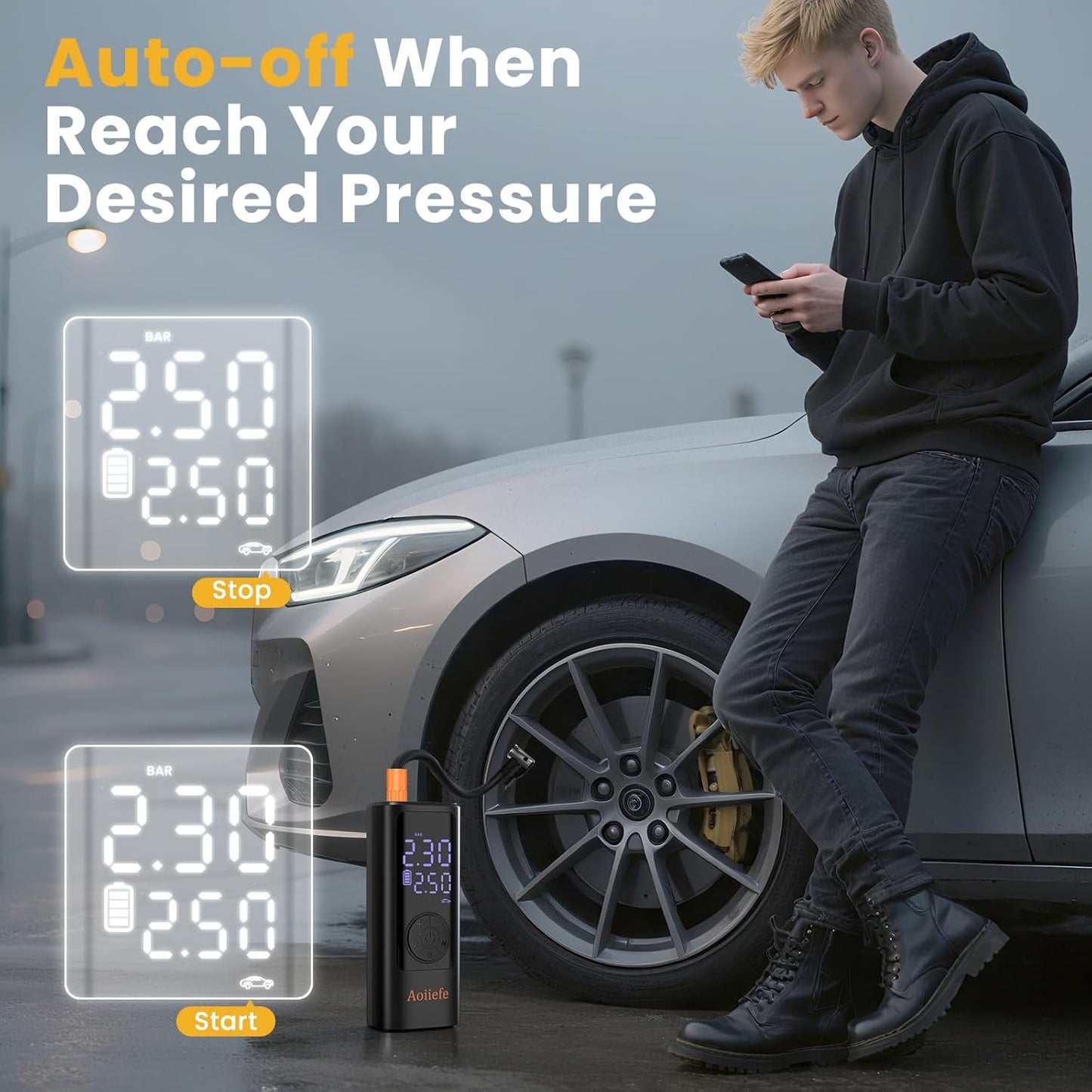 Tire Inflator Portable Air Compressor,150 PSI Mini Rechargeable Cordless Electric Air Pump with Auto-off for Car Tires,Motorcycle, Bicycle, Balls with Digital Pressure Gauge,LED Light