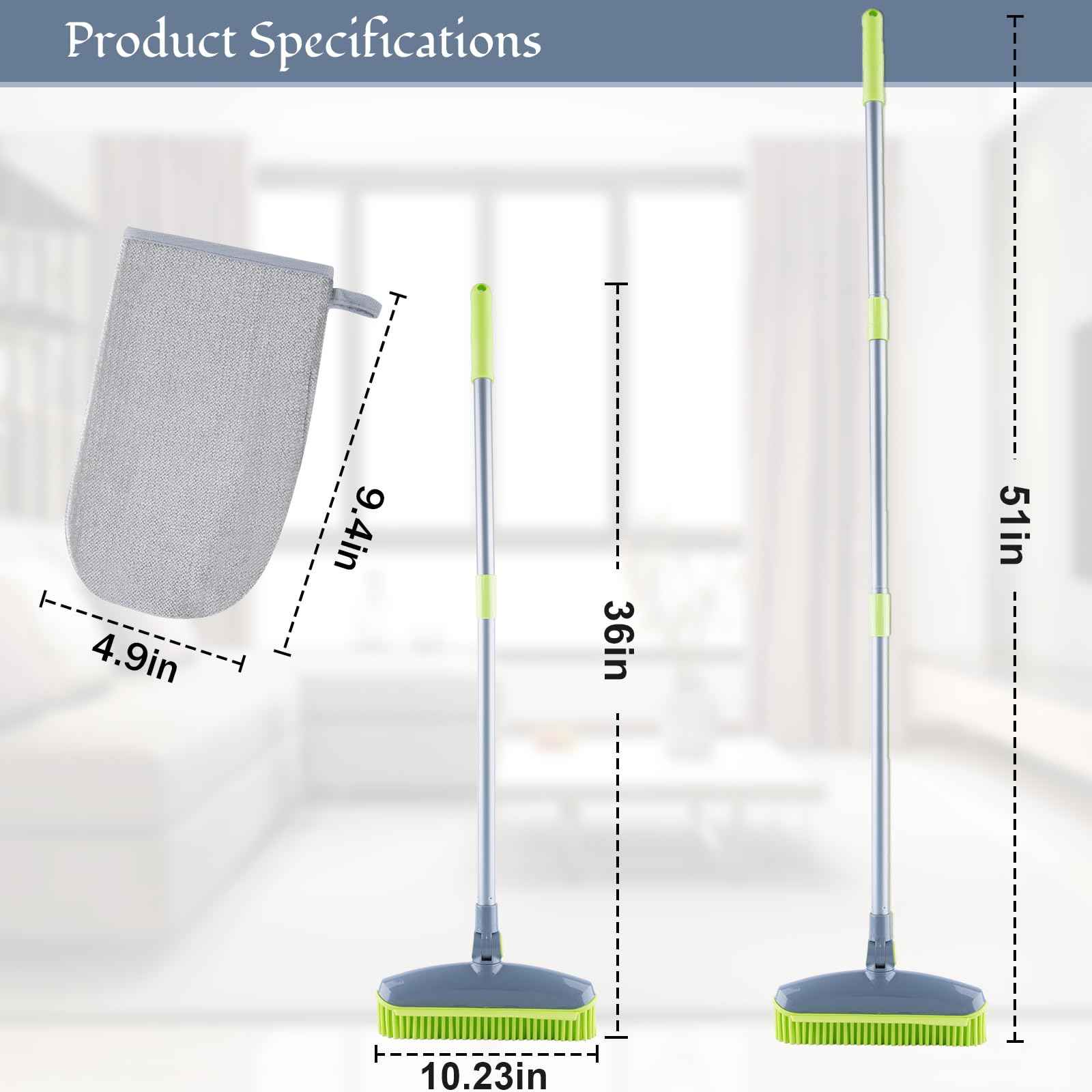 180°Rotating Rubber Broom with Squeegee for Pet Hair Removal - 50" Iron Handle Fur Remover Rake Brush for Carpet, Hardwood & Tile Floors, Includes Pet Hair Removal Gloves (Green)