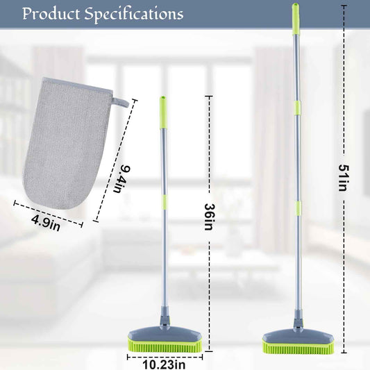 180°Rotating Rubber Broom with Squeegee for Pet Hair Removal - 50" Iron Handle Fur Remover Rake Brush for Carpet, Hardwood & Tile Floors, Includes Pet Hair Removal Gloves (Green)