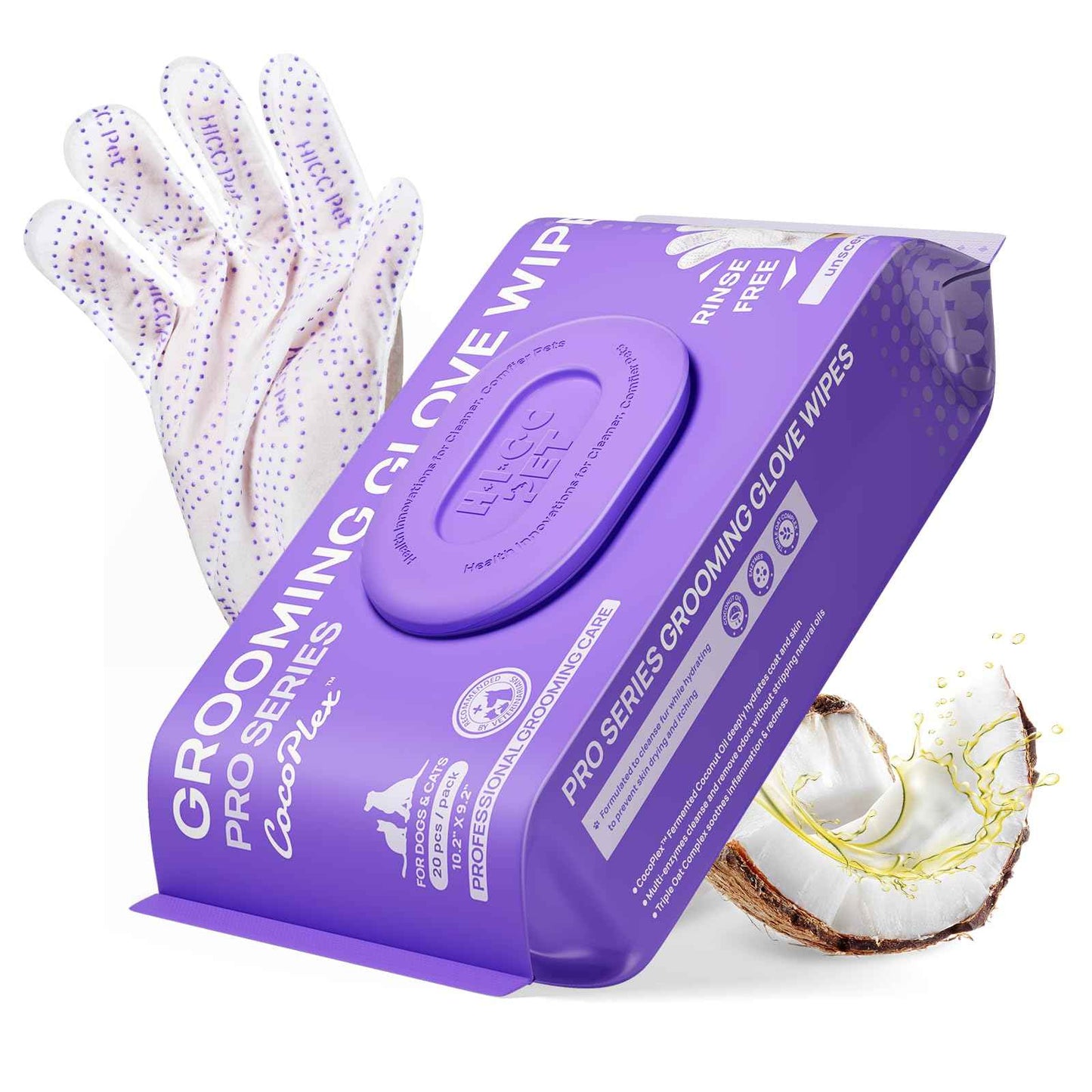 HICC PET Glove Wipes Pro – Pet Cleaning Gloves for Dogs & Cats – Infused with Coconut Oil & Plant Extracts – Hypoallergenic, Gentle, Spa-Like Care at Home