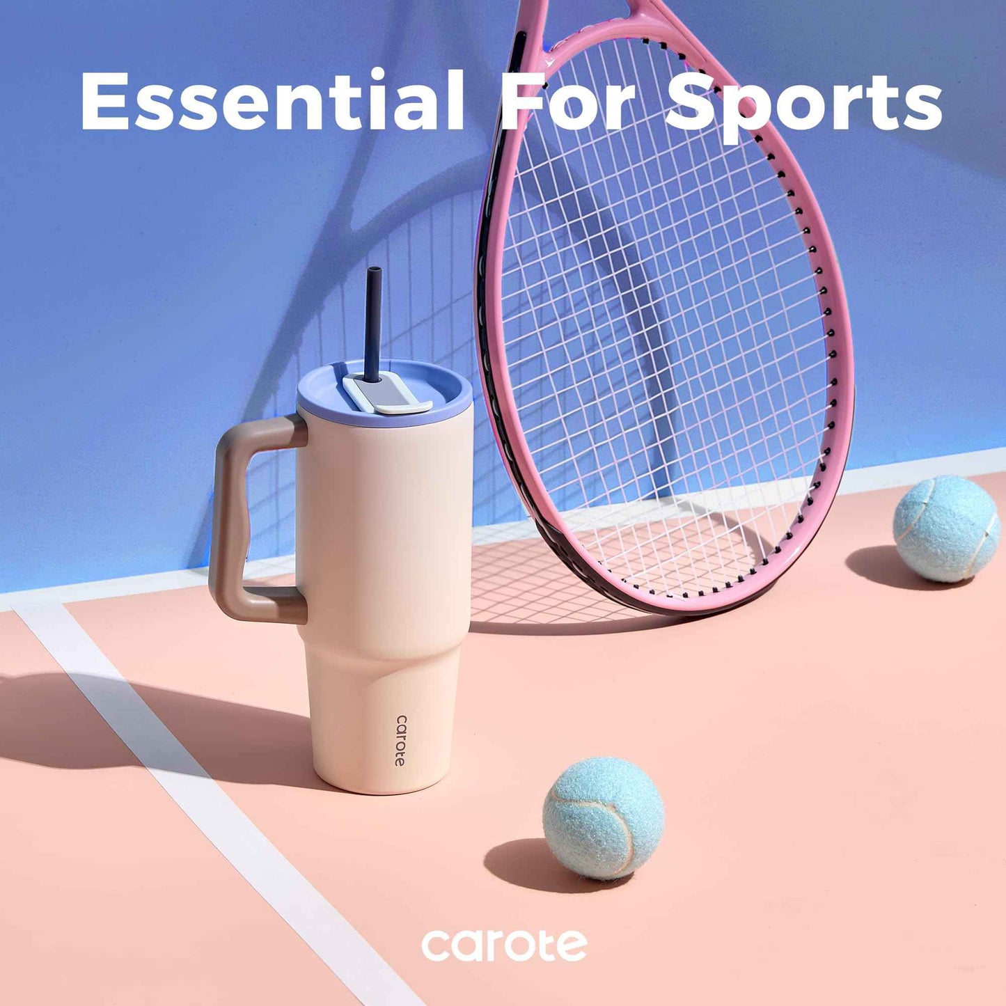 CAROTE 3-Pack Insulated Stainless Steel Water Bottles with Upgraded Leakproof Tech, Travel Coffee Tumplers with Straw, 34/24/24 oz Heart Paradise Straw Tumbler Set of Three (Blue)