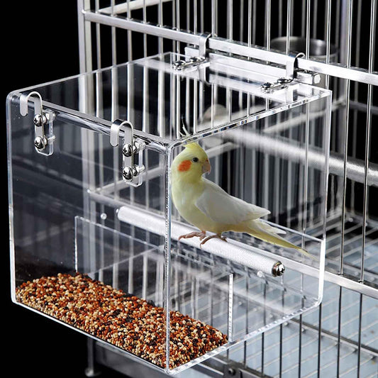 No Mess Bird Feeder for Cage, Automatic Acrylic No Mess Bird Feeder Cage for Parrots Canary Parakeet Budgerigar Crested Myna Cockatiel Lovebird (Large)