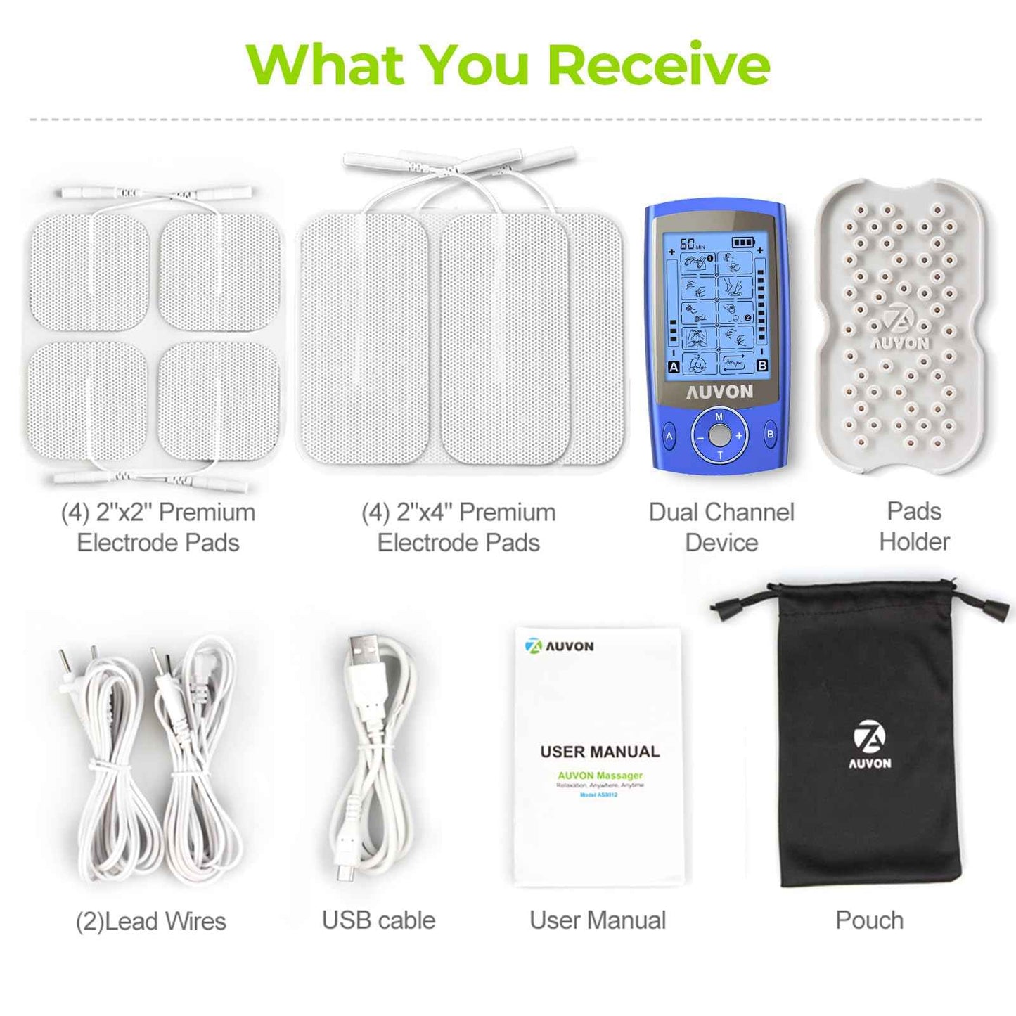 AUVON Dual Channel TENS Unit Muscle Stimulator Machine with 20 Modes, 2" and 2"x4" TENS Unit Electrode Pads