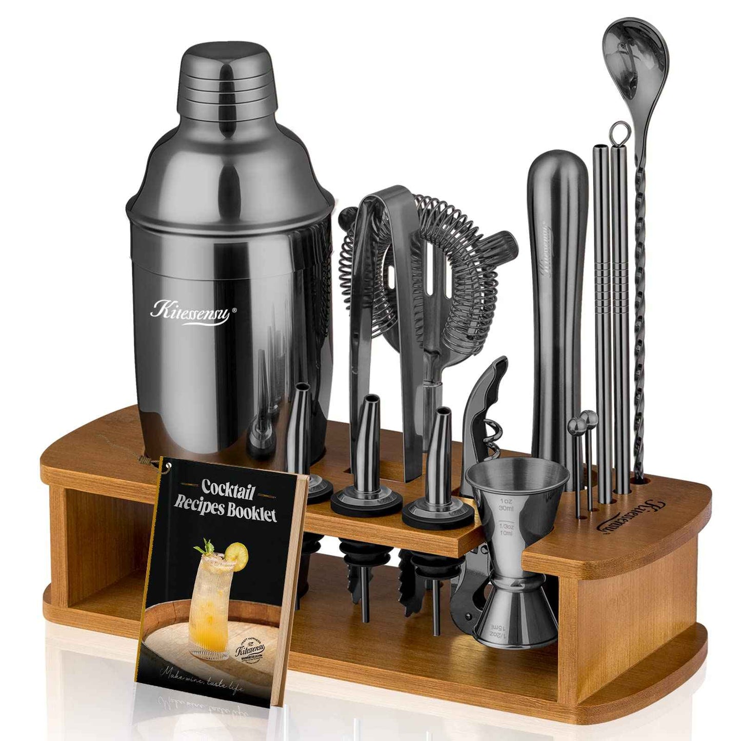 KITESSENSU Cocktail Shaker Set Bartender Kit with Stand | Bar Set Drink Mixer Set with All Essential Accessory Tools: Martini Shaker, Jigger, Strainer, Mixer Spoon, Muddler, Liquor Pourers |Silver