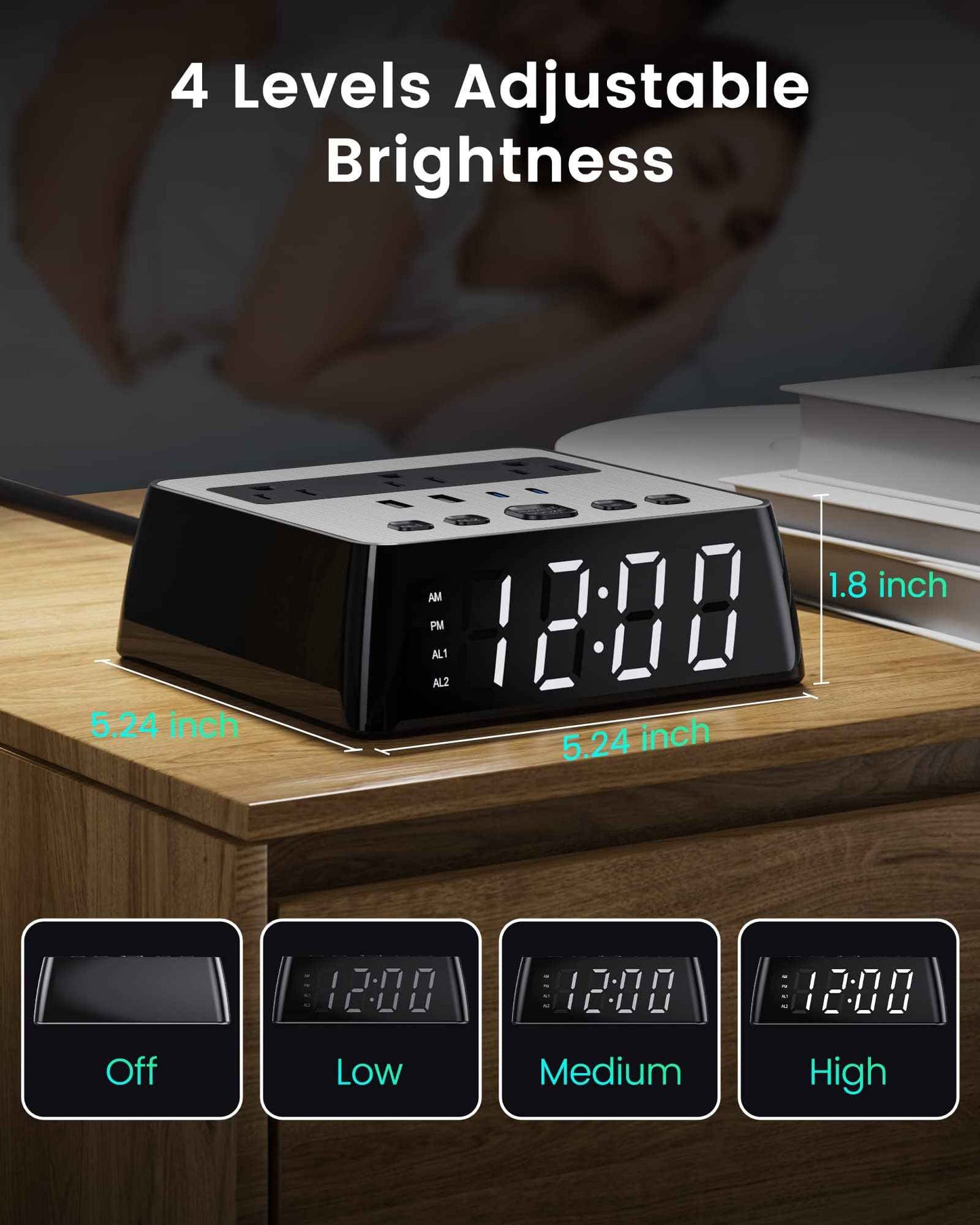 JACKYLED Alarm Clock with 4 USB Chargers Power Strip 3 Outlets 1700J Surge Protector Nightstand Dimmable Digital Clock with Dual Alarm and Snooze Function for Bedroom, Full Screen LED Display
