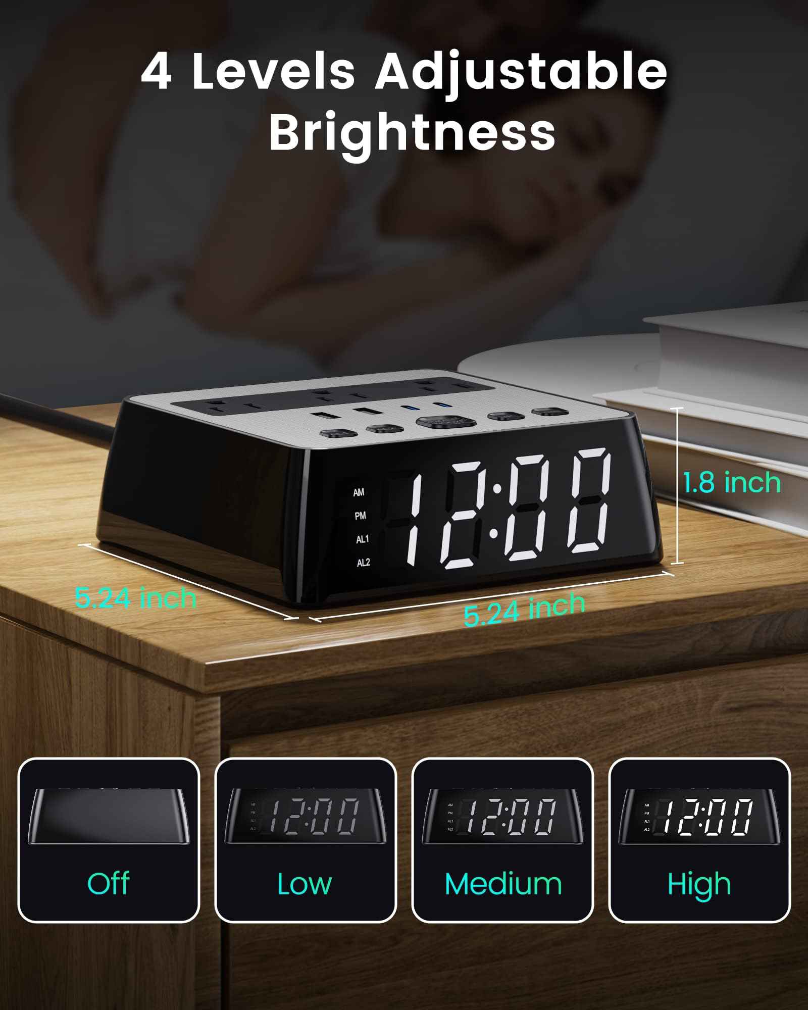 JACKYLED Alarm Clock with 4 USB Chargers Power Strip 3 Outlets 1700J Surge Protector Nightstand Dimmable Digital Clock with Dual Alarm and Snooze Function for Bedroom, Full Screen LED Display