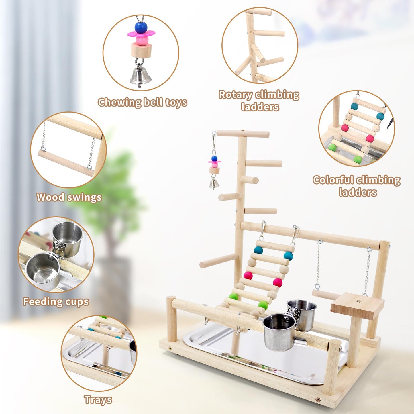 Bird Playground, Parrots Playstand for Small to Medium Birds, Perch Stand with 3 Ladders Playgym with Rope Perch, Swings Feeder Cups Bird Cage Accessories for Conure Cockatiel Lovebirds