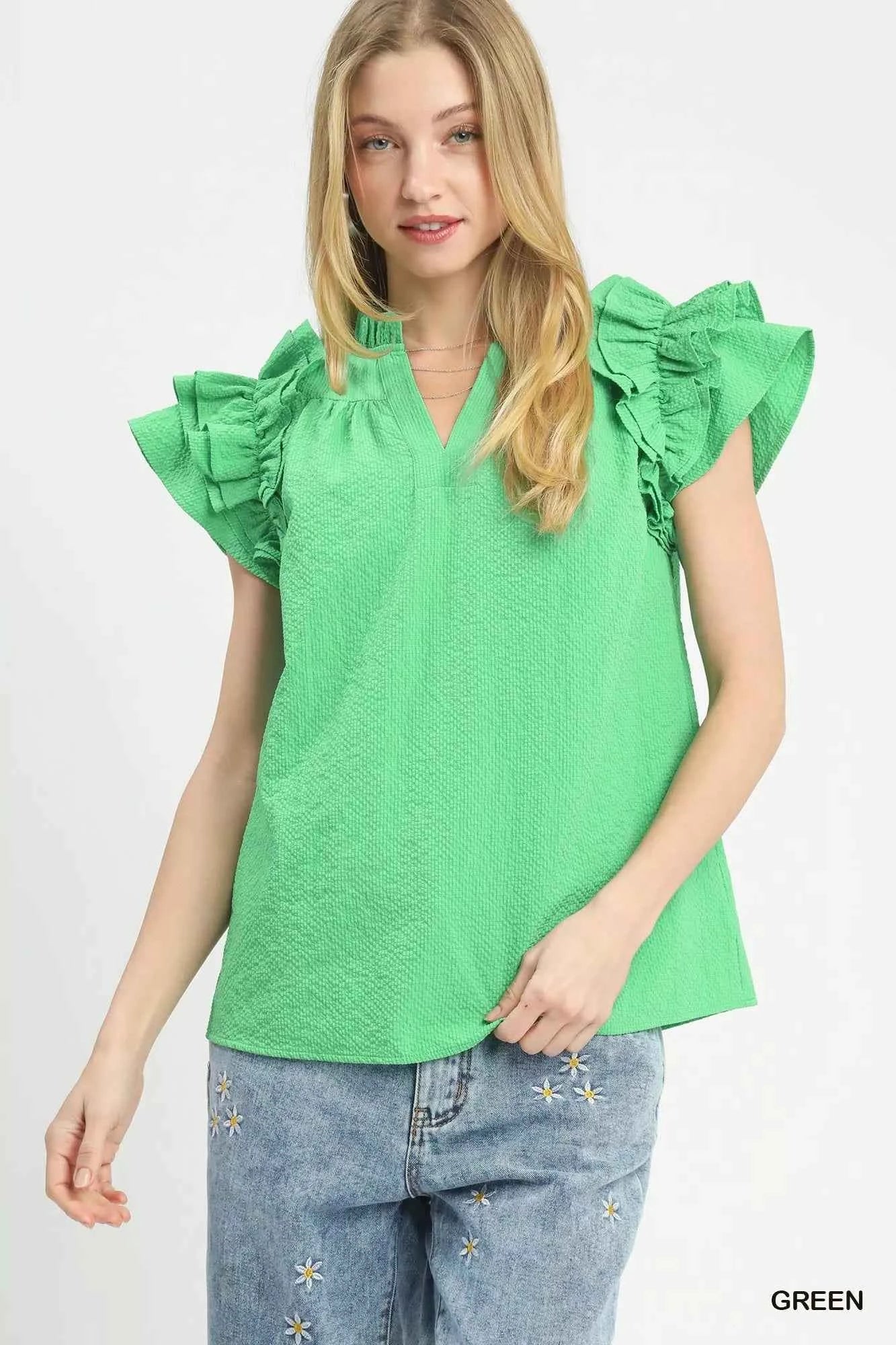Umgee Textured Ruffle Sleeve Notched Top