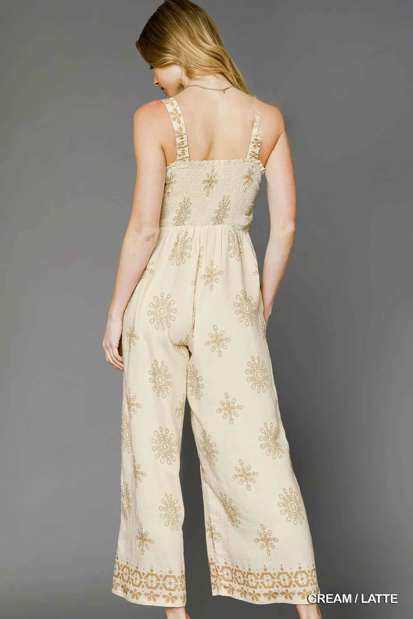 Umgee Smocked Printed Wide Leg Jumpsuit