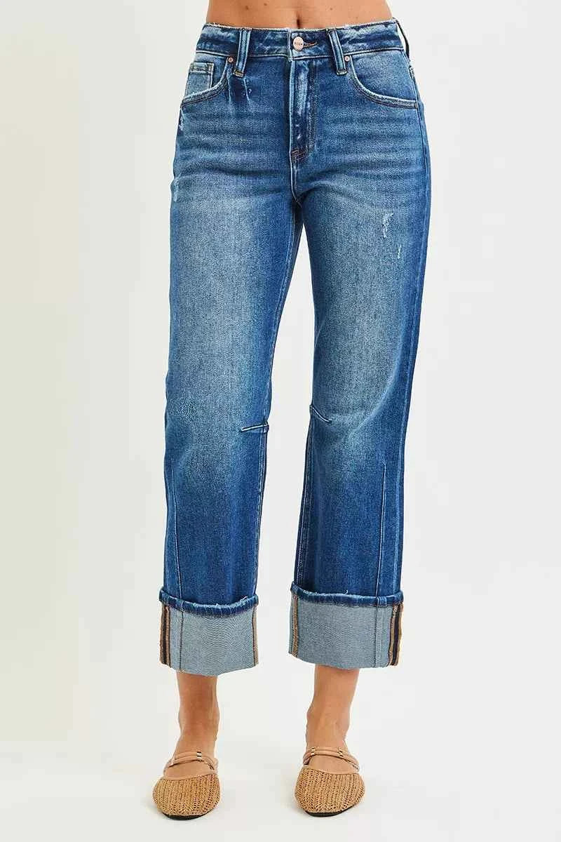 RISEN High Rise Straight Jeans with Distressed Hem