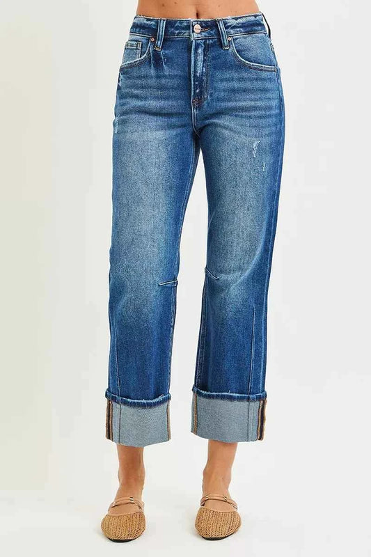 RISEN High Rise Straight Jeans with Distressed Hem