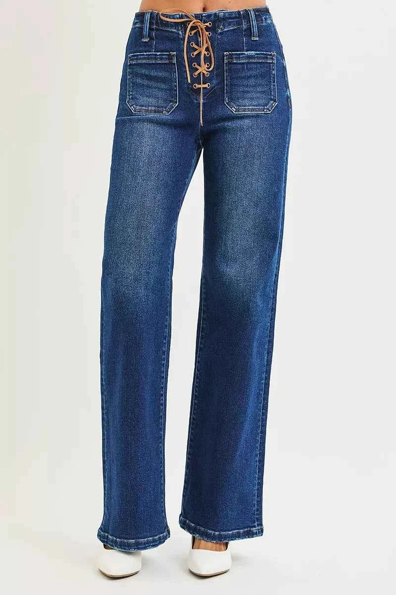 RISEN Full Size High Rise Wide Leg Jeans with Front Tie Detail Plus Size