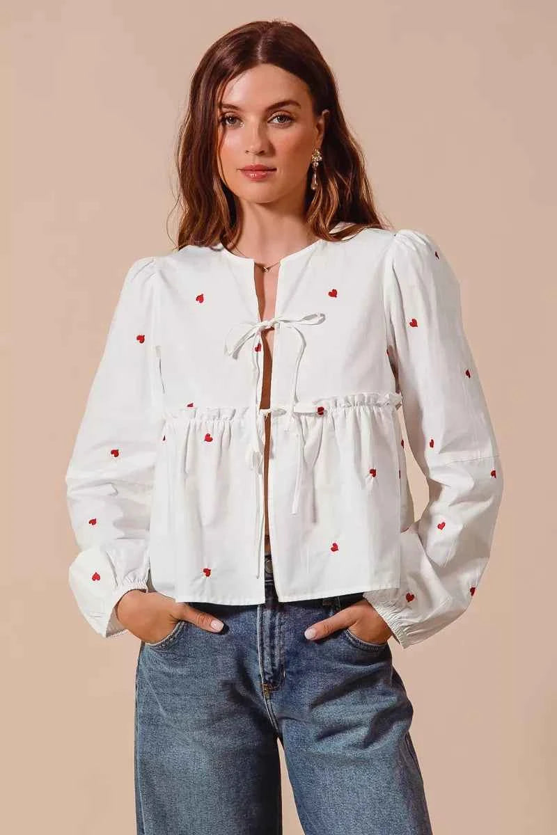 SO ME Front Tie Heart Embroidered Blouse With Puff Sleeve