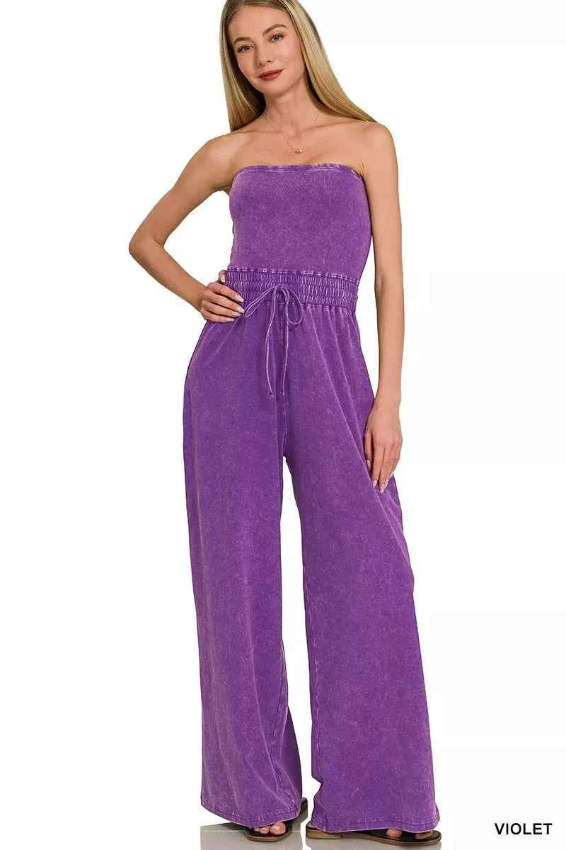 Zenana Acid Washed Strapless Tube Top Jumpsuit
